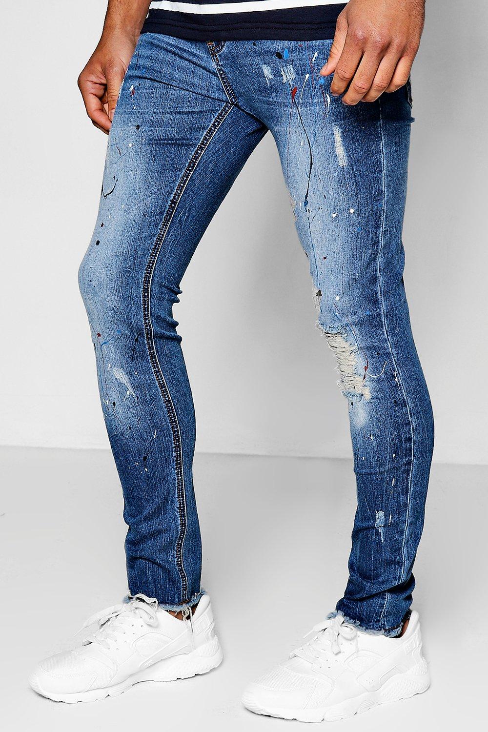 Mid Blue Super Skinny Jeans With Paint Splatter Boohooman Uk