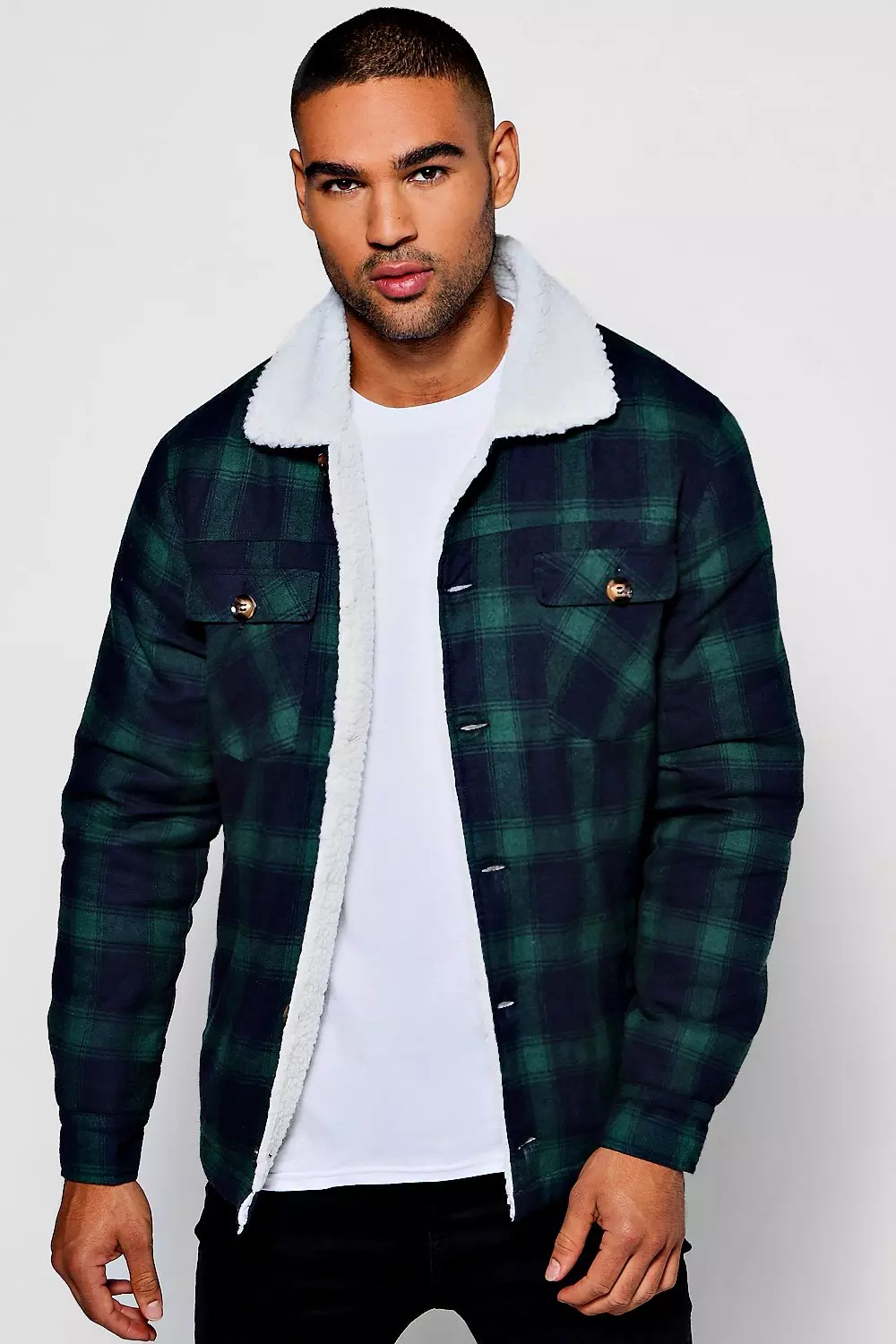 Borg Detail Quilted Check Jacket boohooMAN USA