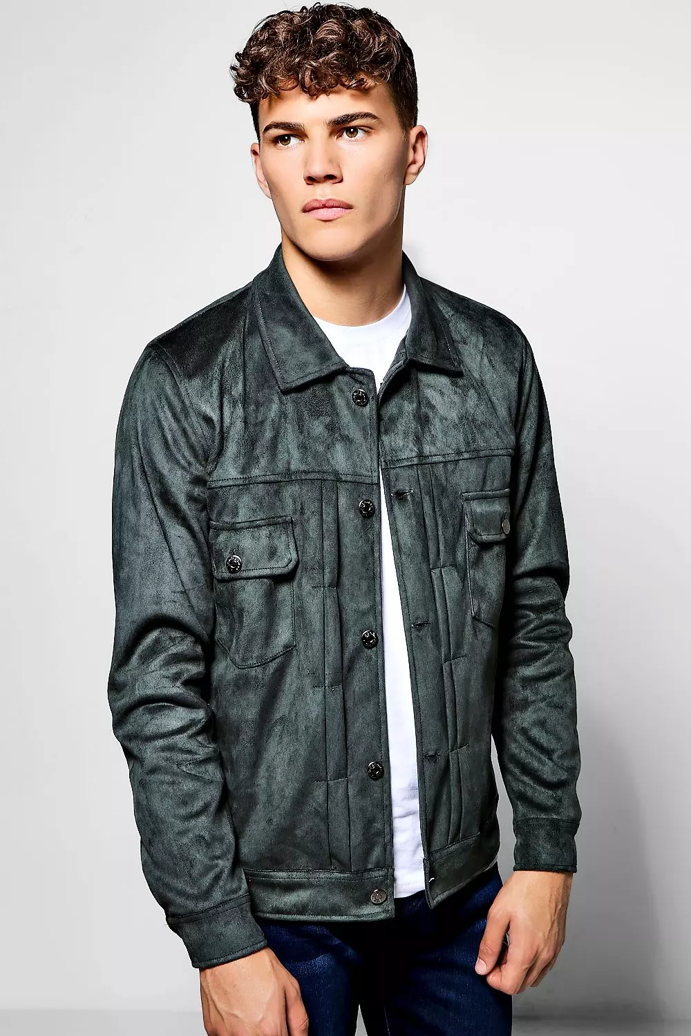Bottle Faux Suede Pleated Trucker Jacket alternative image