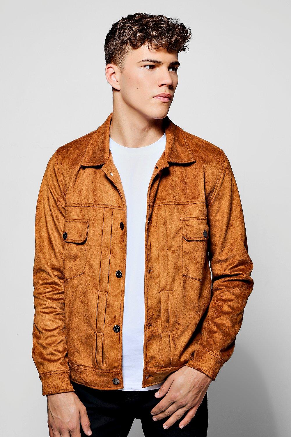 Tan Faux Suede Pleated Trucker Jacket Boohooman