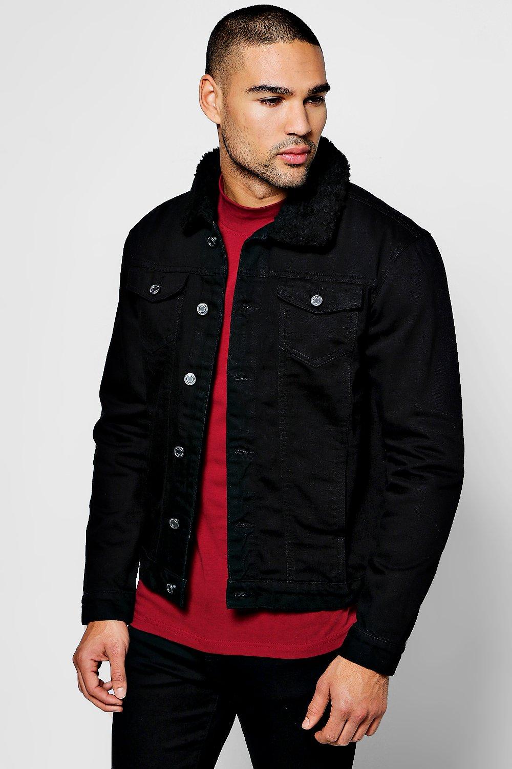 Black denim jacket mens borg sale