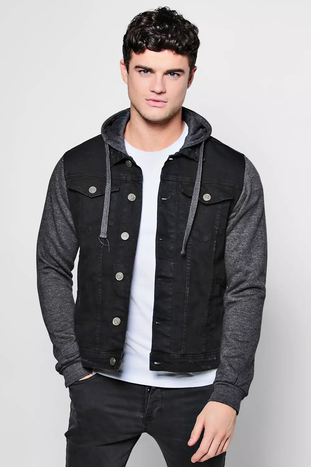 Fashion denim jacket with jersey hood