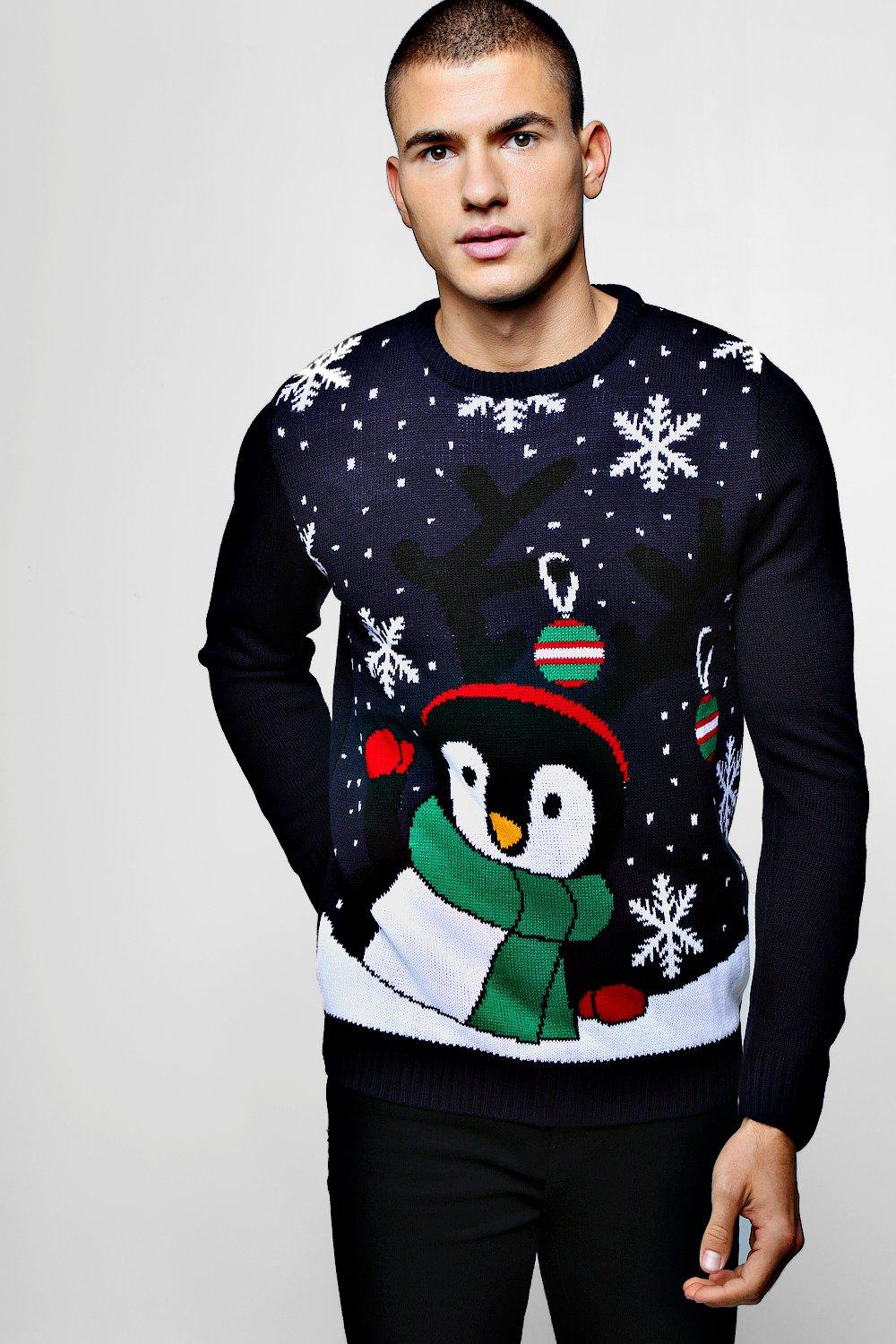 Novelty Penguin Christmas Jumper In Navy boohooMAN