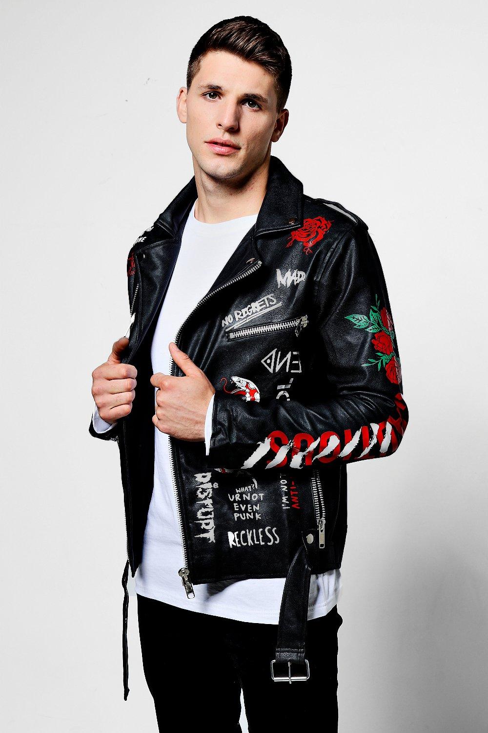 Men's Black Printed Moto Biker Jacket, Punk Leather Jacket for Men