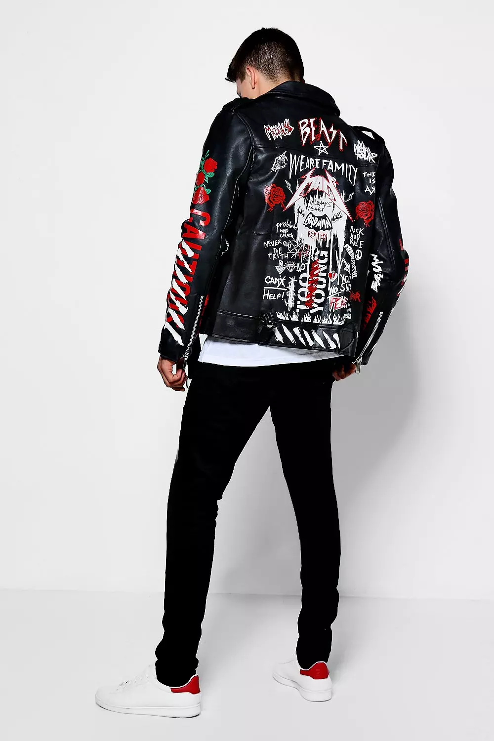 Black Faux Leather Graffiti Print Biker Jacket