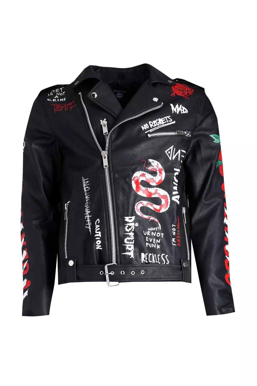 Black Faux Leather Graffiti Print Biker Jacket | boohooMAN USA