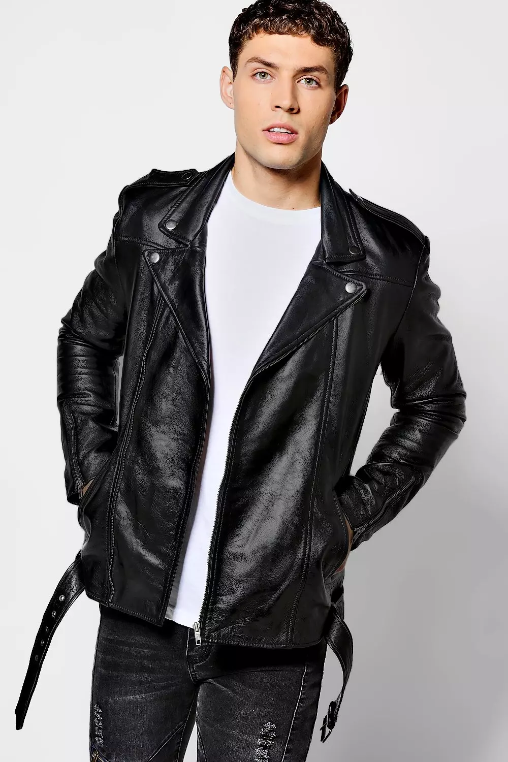 Black Real Leather Biker Jacket alternative image