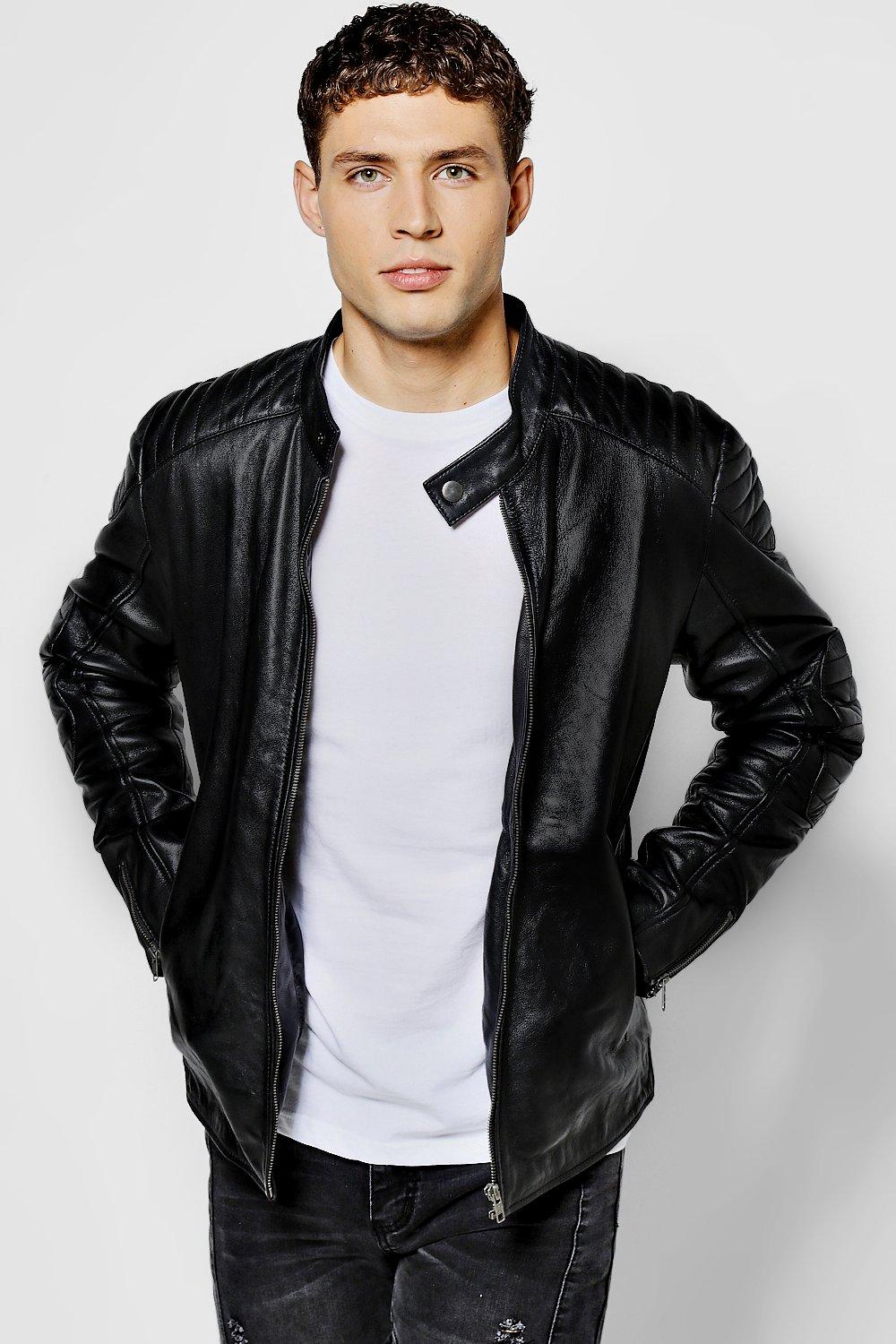 Black Real Leather Collarless Biker Jacket boohooMAN