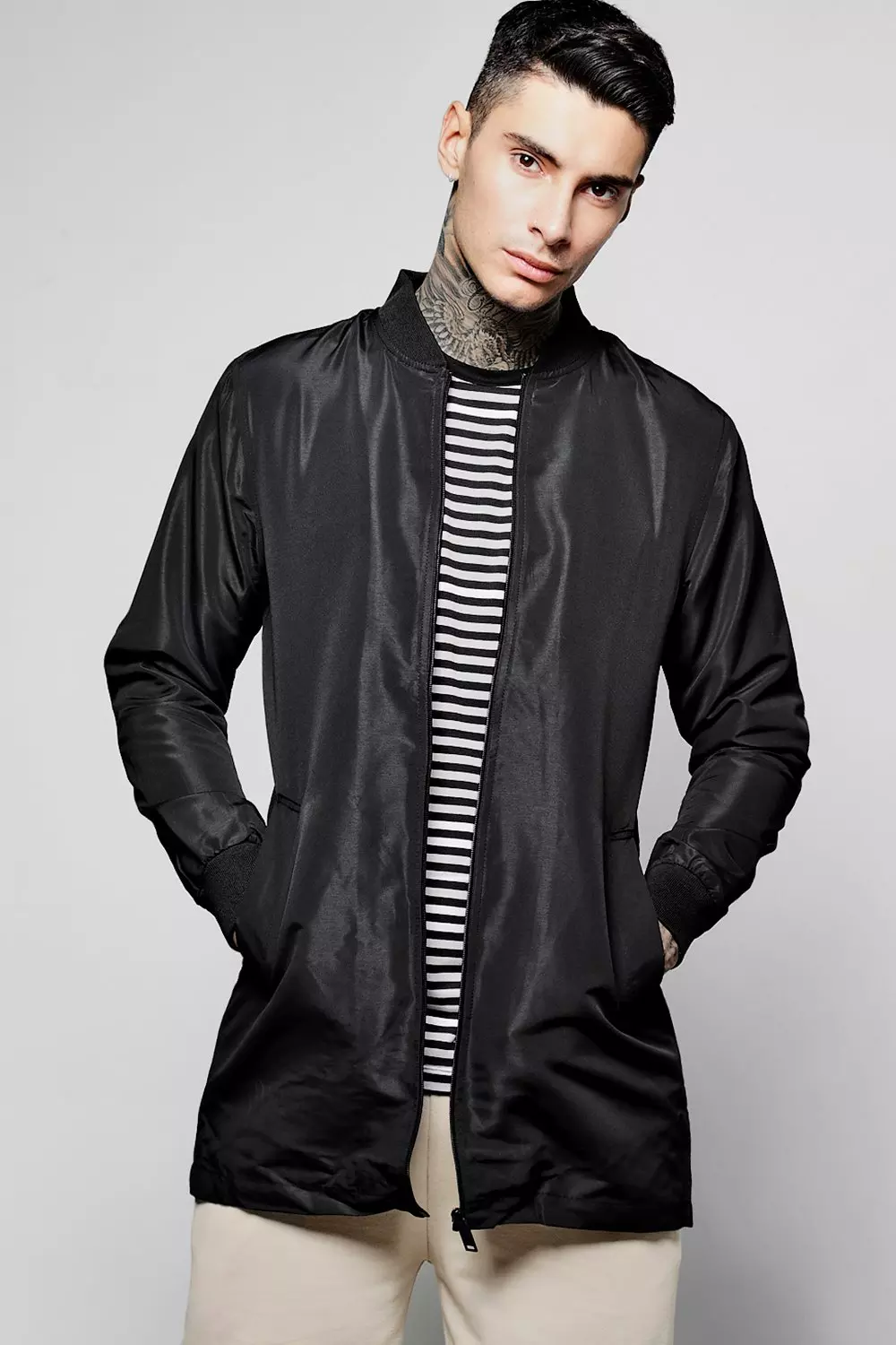 Black Longline Taslan Bomber Jacket alternatieve afbeelding