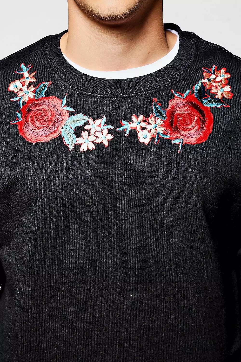 Twin Rose Embroidered Sweater boohooMAN USA