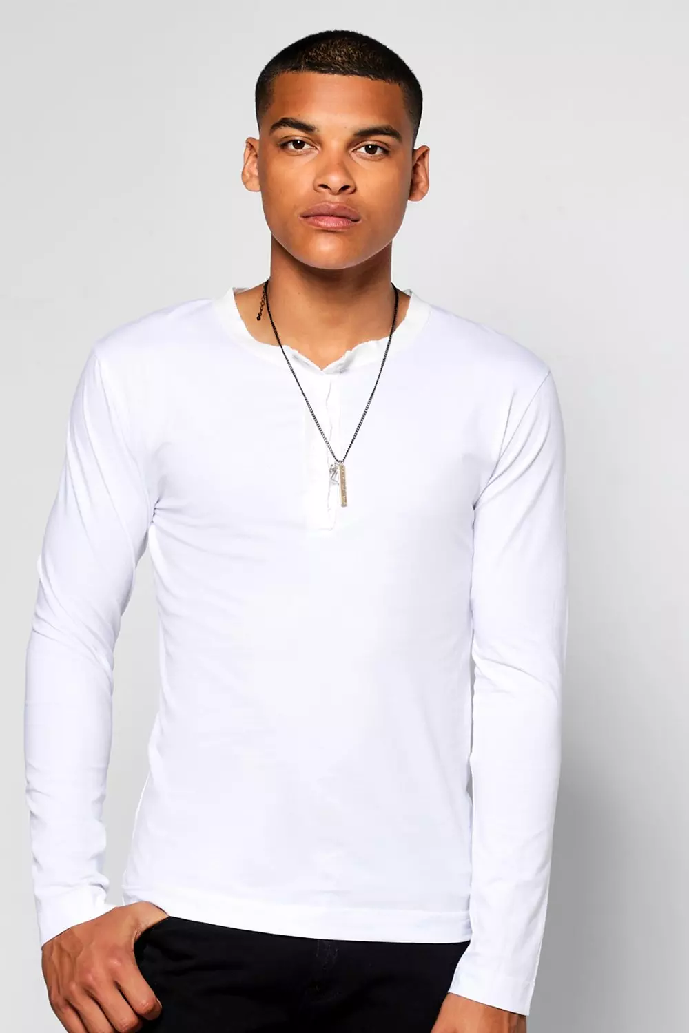 White Long Sleeve Grandad Collar T-Shirt alternative image