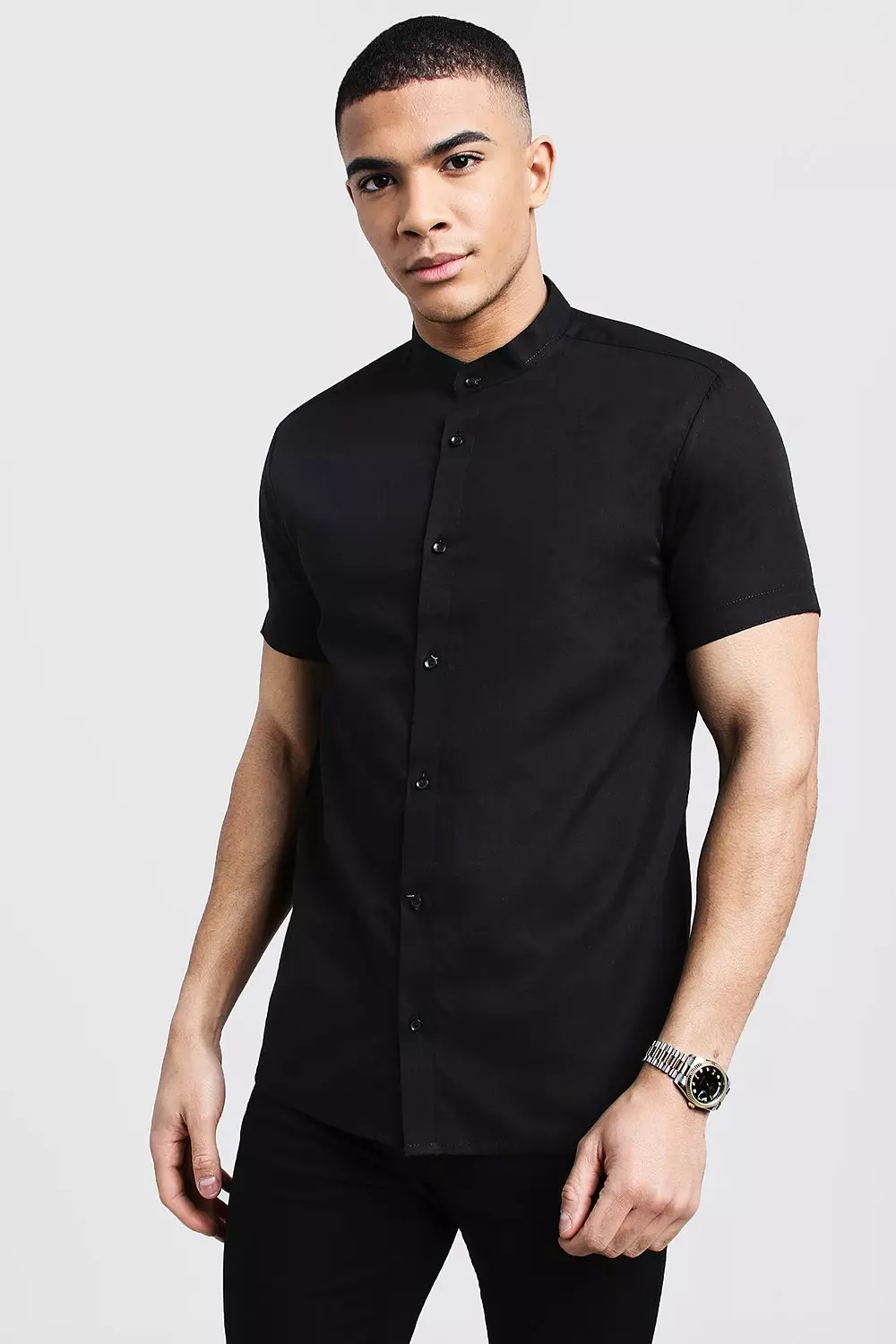 Black short sleeve grandad shirt clearance