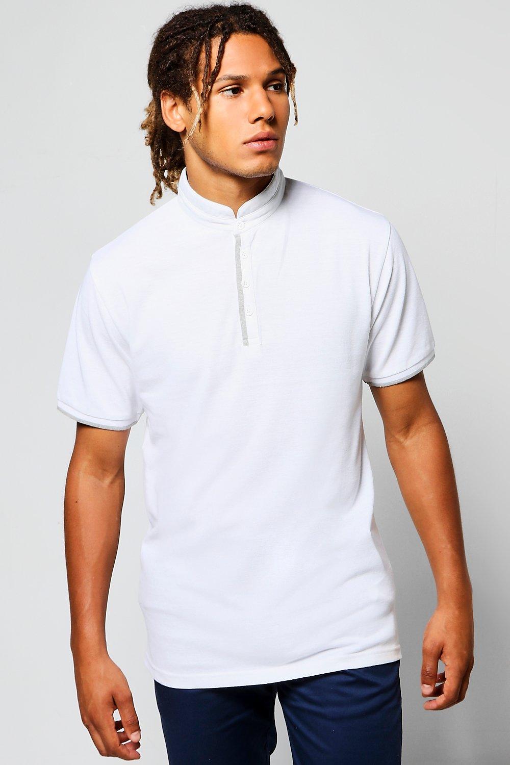 white mandarin collar pique shirt