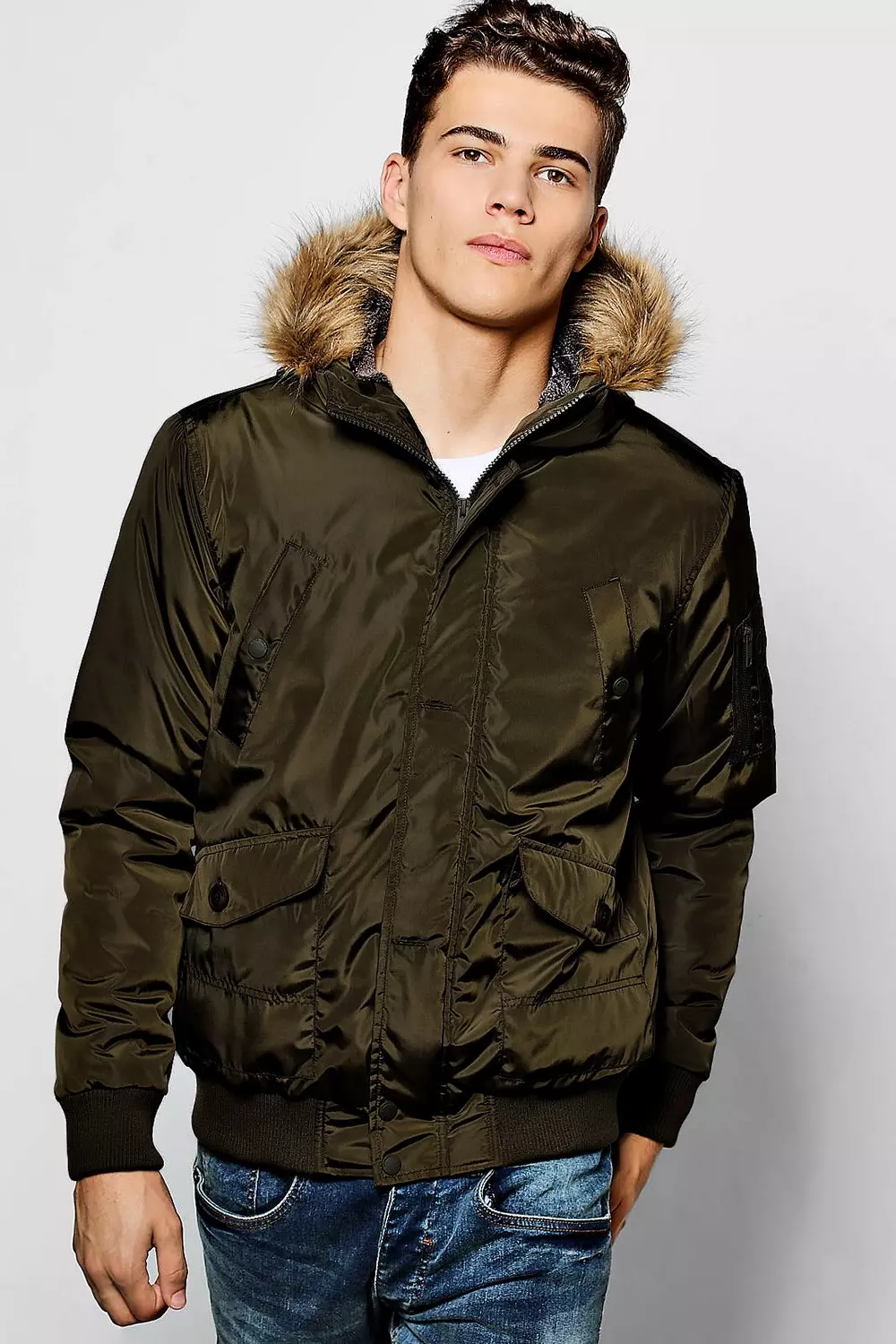 Khaki Short Parka With Faux Fur Hood boohooMAN