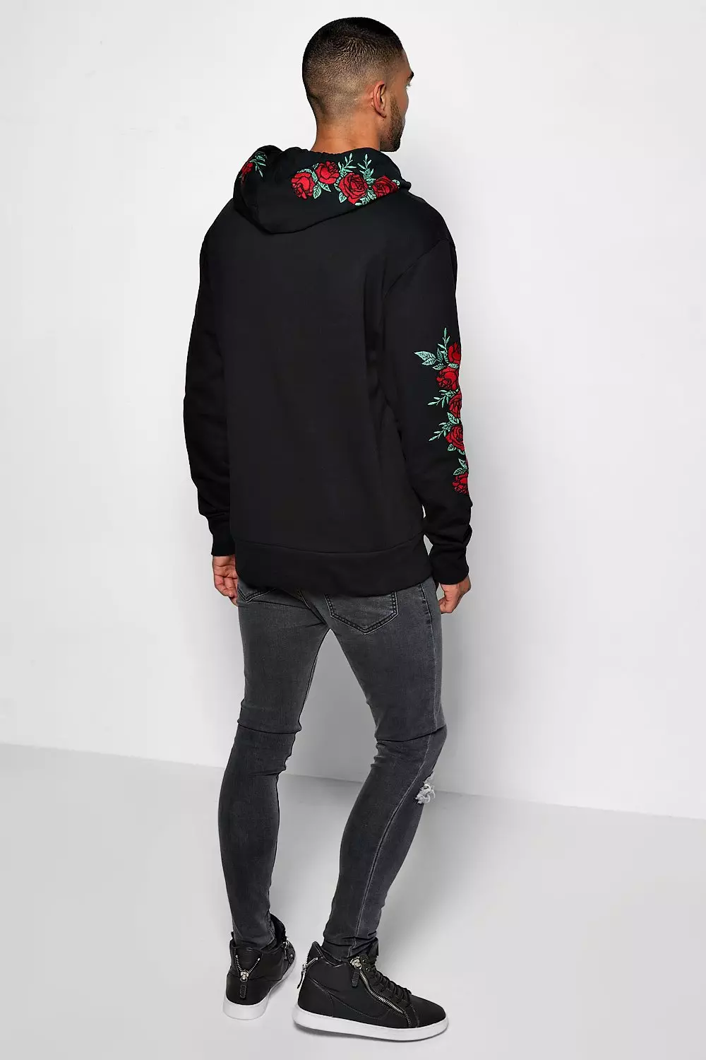 Over The Head Hoodie With Rose Embroidery boohooMAN UK