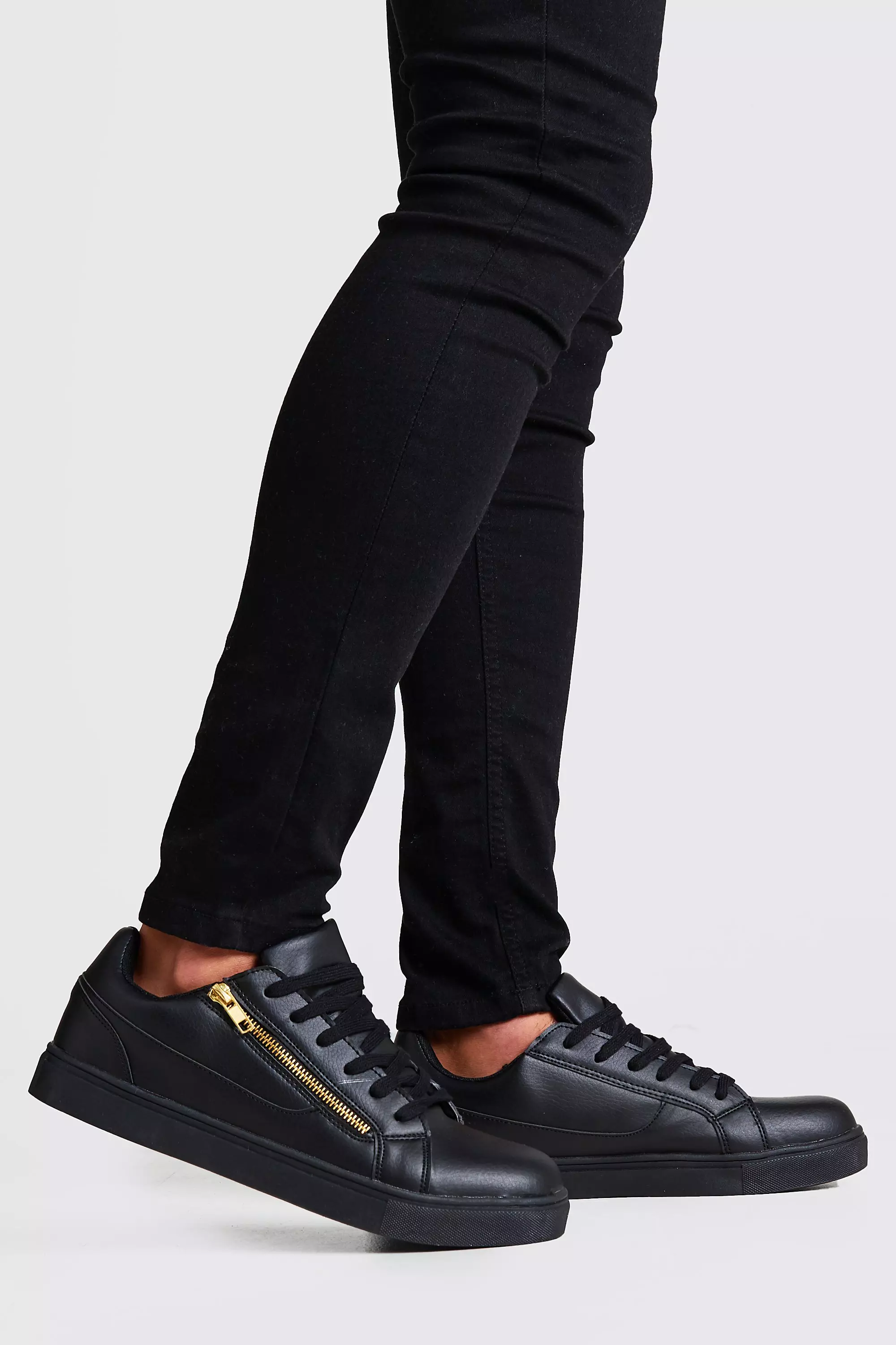 Faux Leather Gold Zip Sneakers