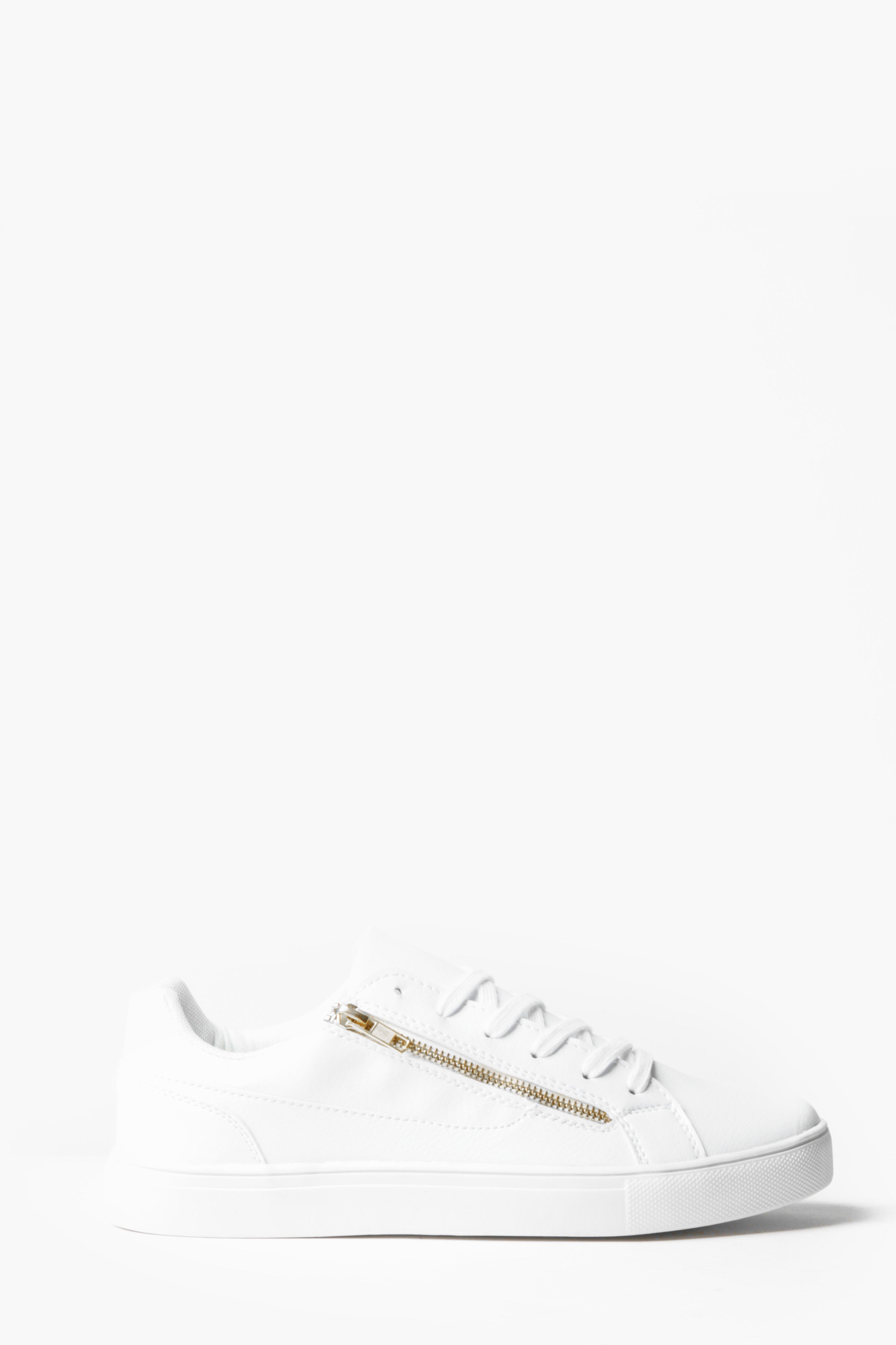 white sneakers with gold zipper
