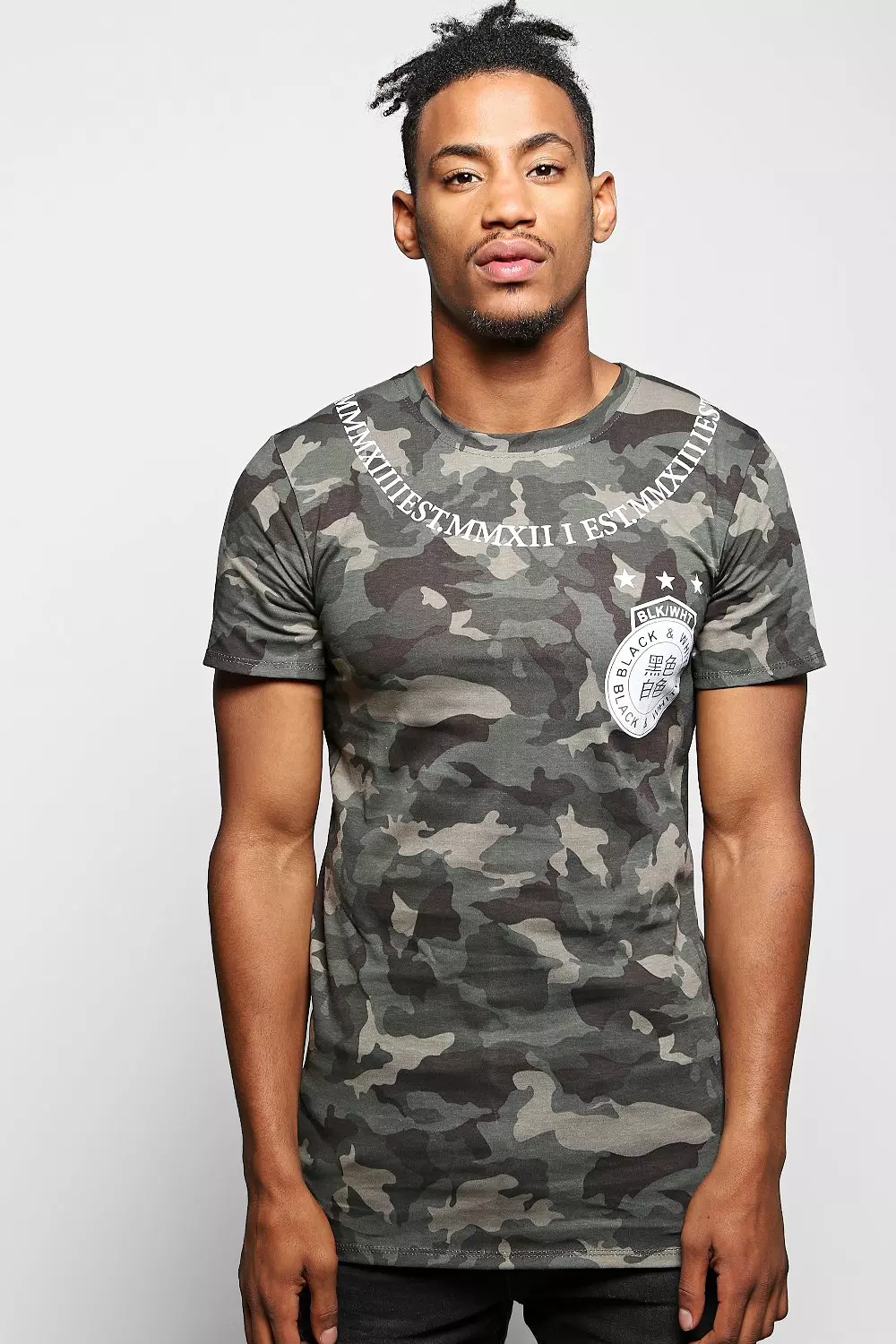 Longline Camo T Shirt with Roman Numerals boohooMAN UK