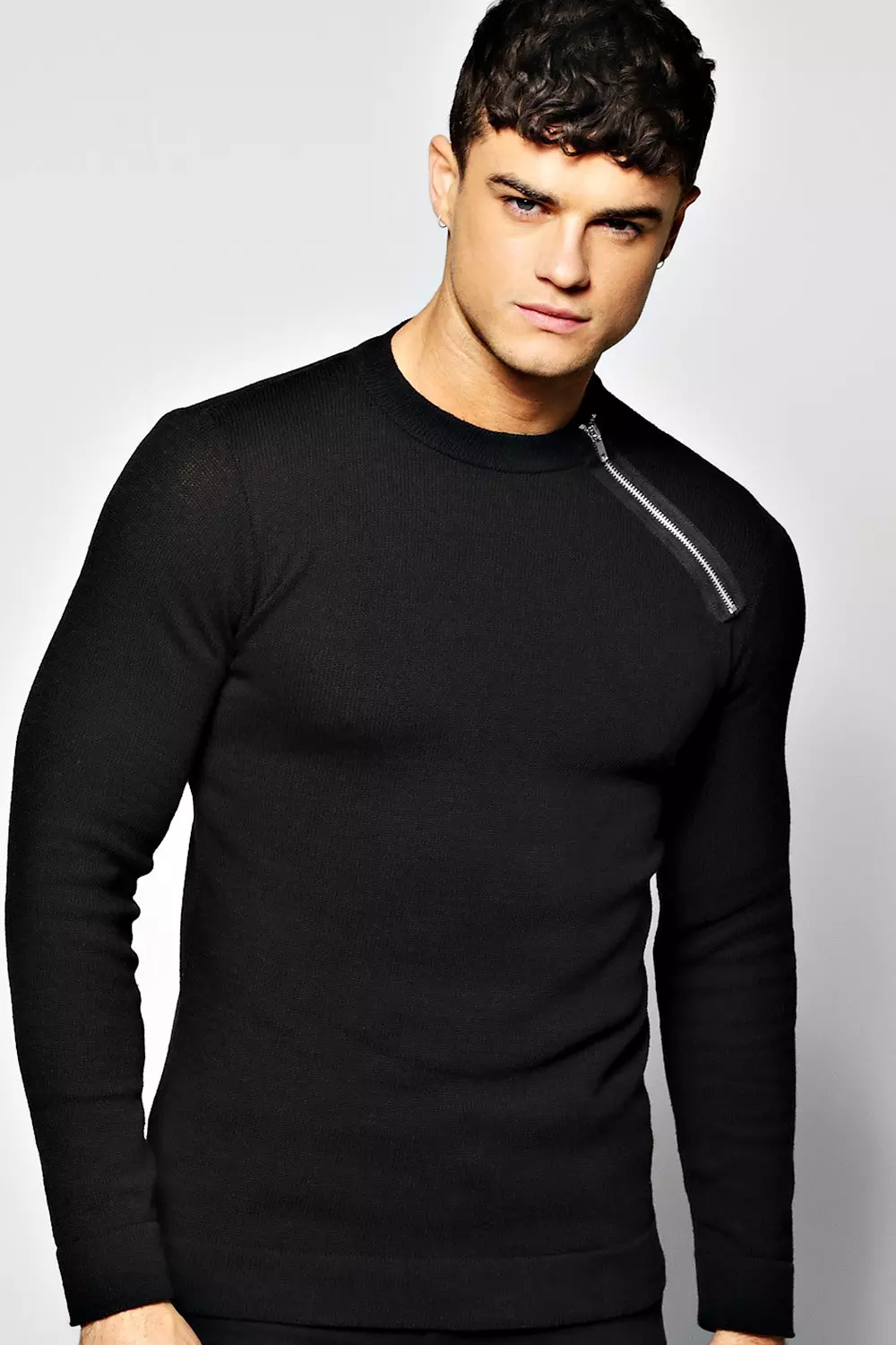 Fine Gauge Crew Jumper With Shoulder Zip boohooMAN