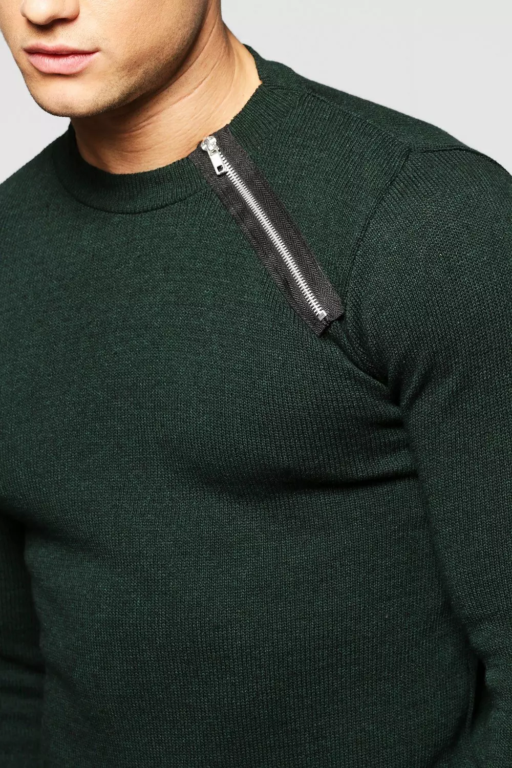 Fine Gauge Crew Jumper With Shoulder Zip boohooMAN