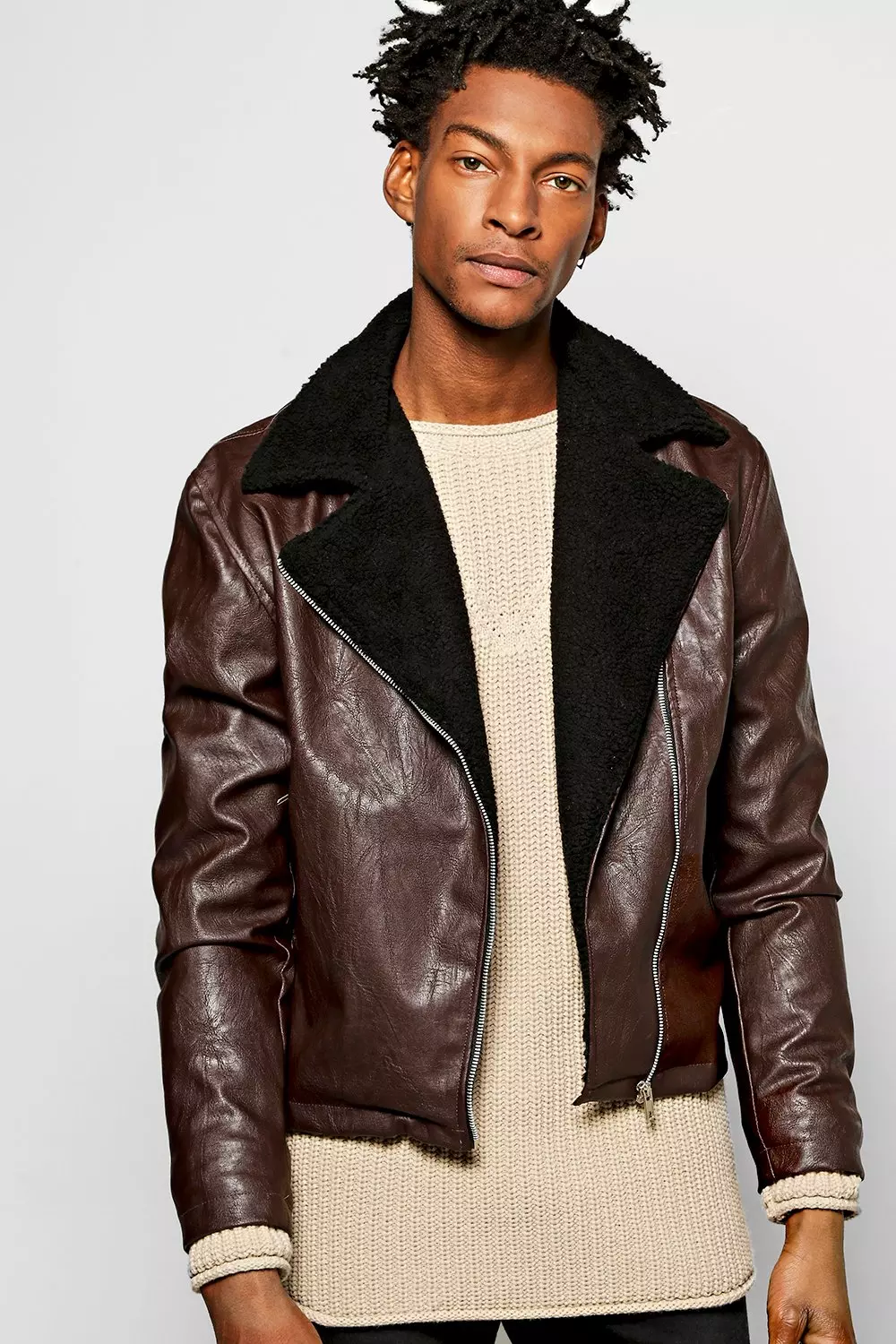 PU Aviator Jacket W Borg Collar boohooMAN USA
