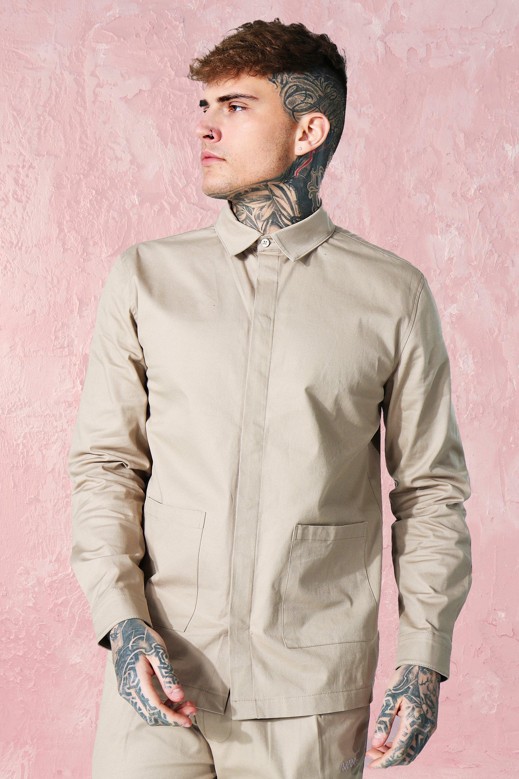 Taupe Twill Zip Through Regular Fit Overshirt