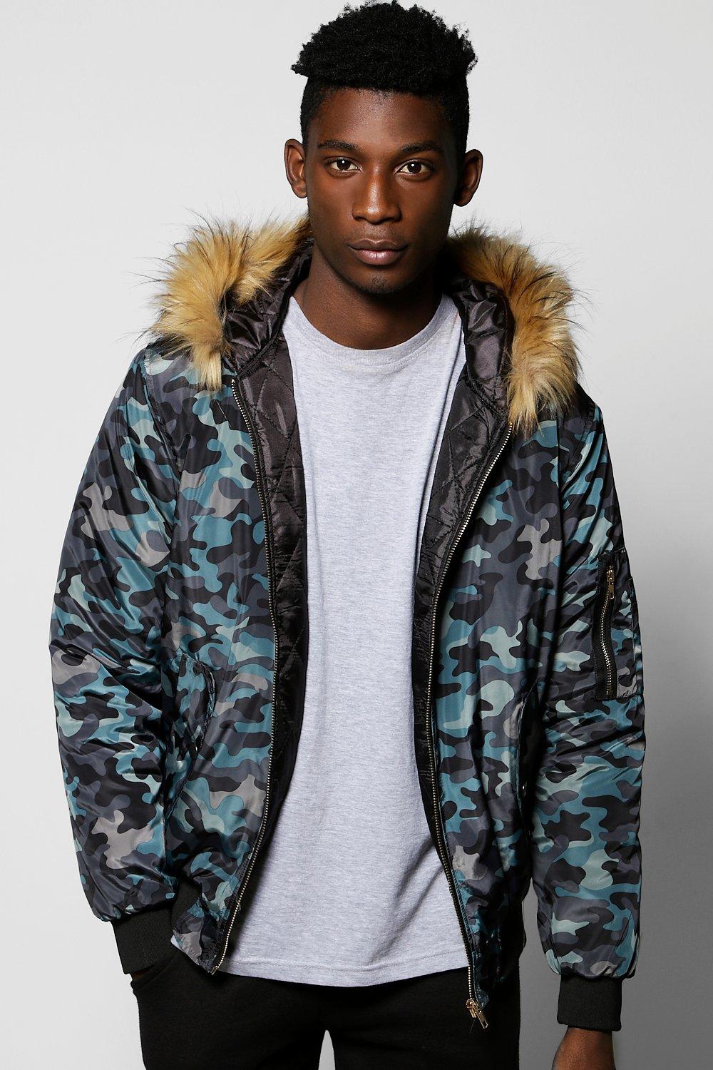 camo faux fur hooded coat