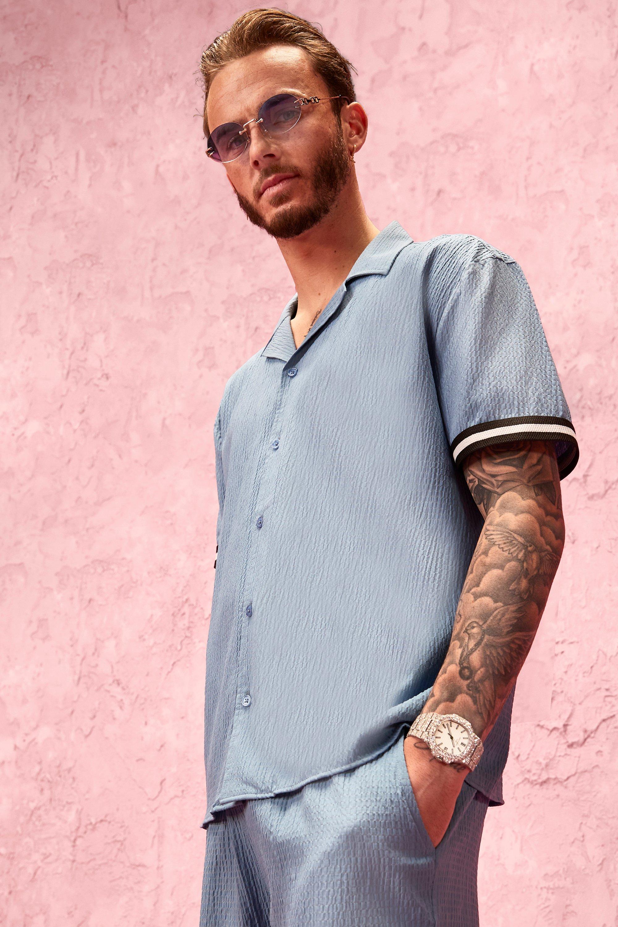 Short Sleeve Revere Collar Seersucker Shirt, Dusty blue
