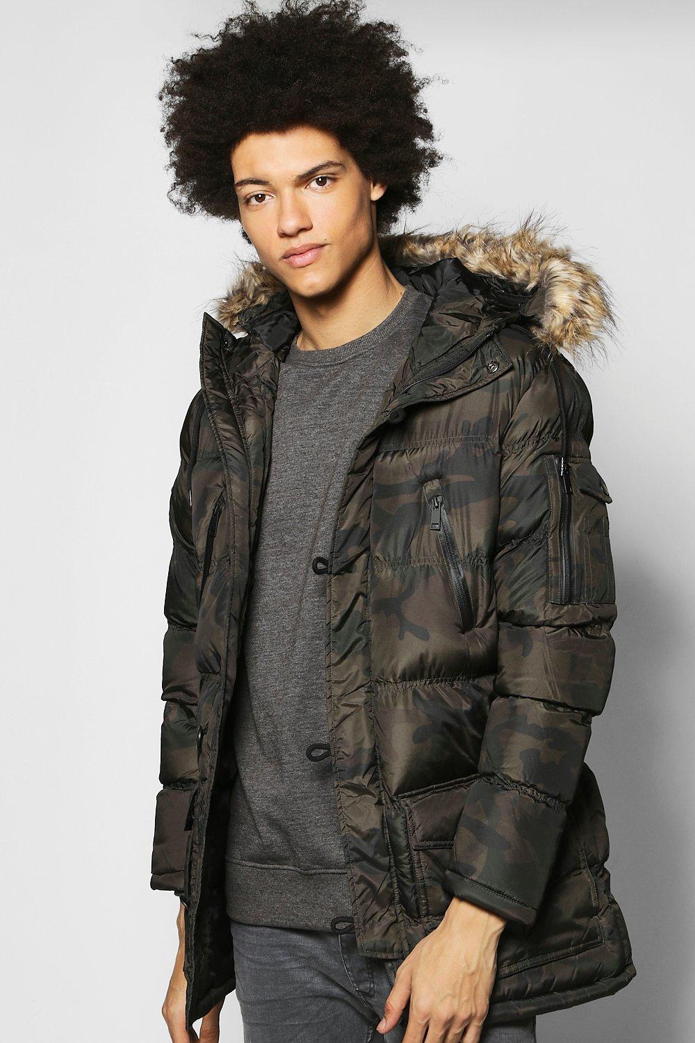 army print coat with fur hood