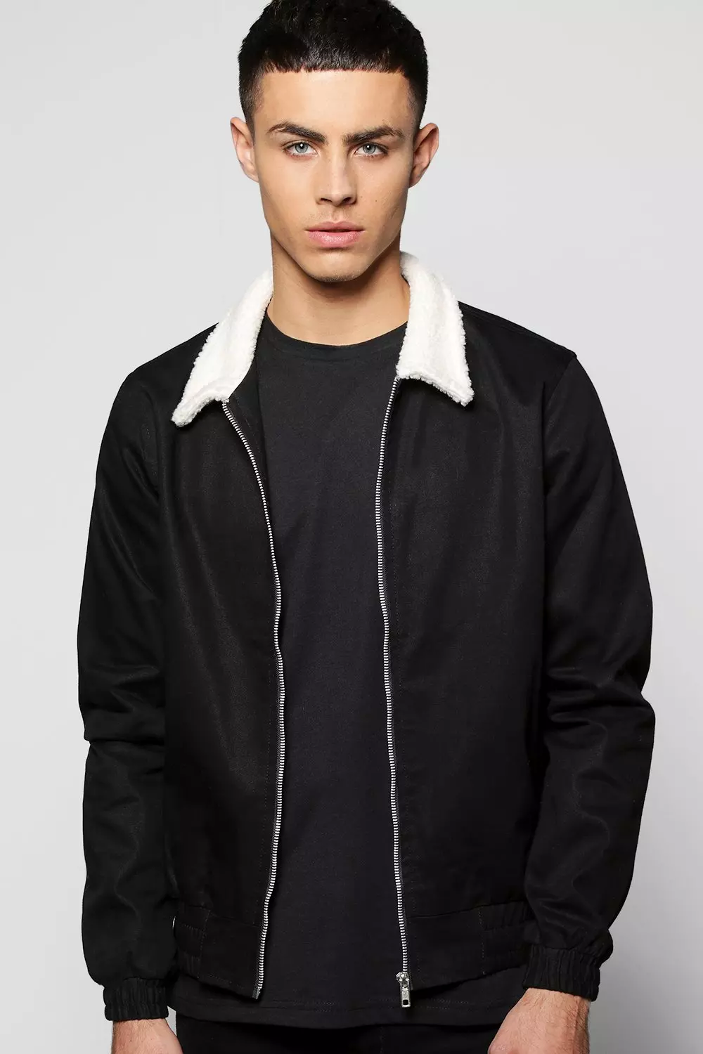 Borg Collar Harrington Jacket With Zip Pockets boohooMAN USA