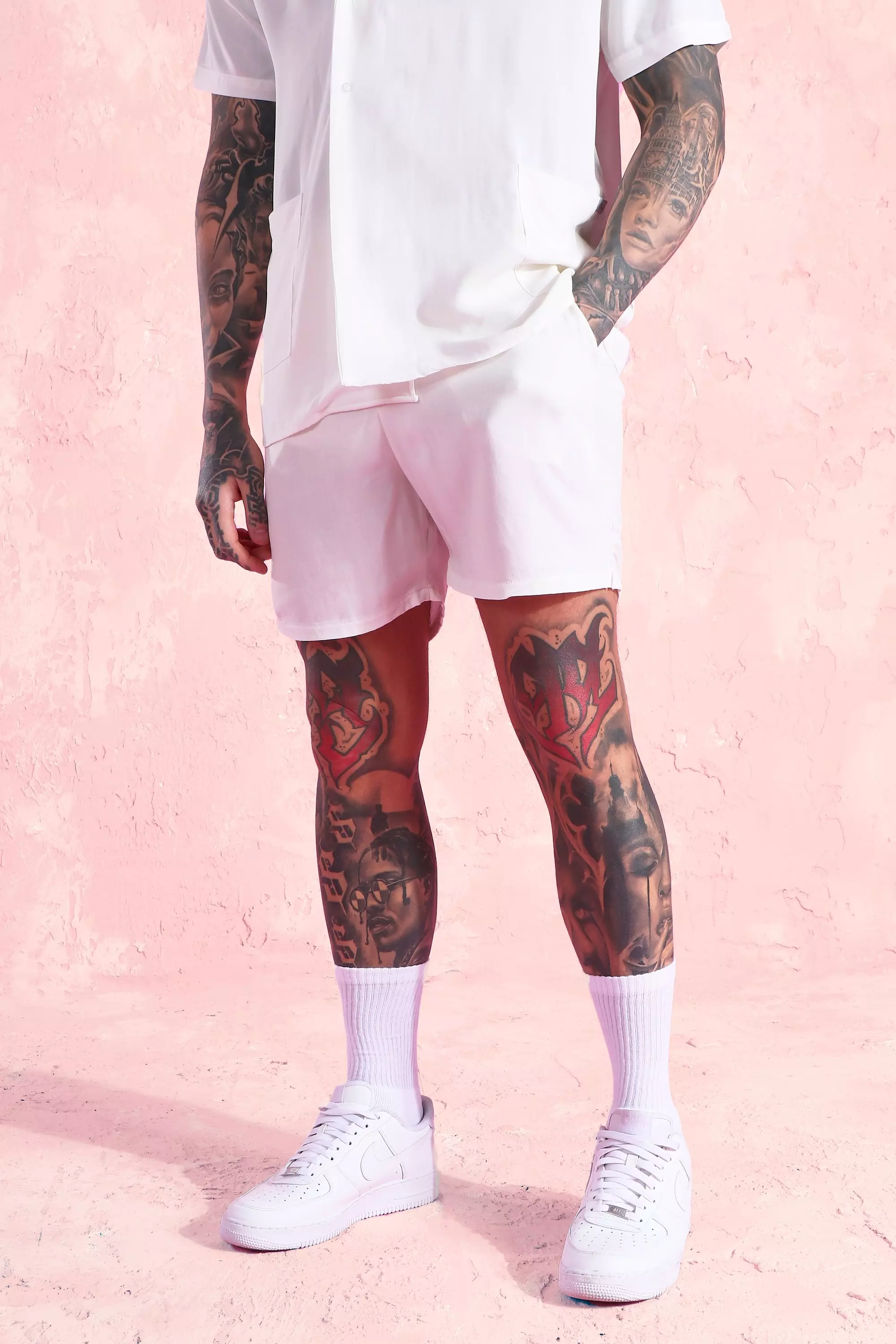 White Revere Collar Wrap Front Shirt And Short Set | boohooMAN USA