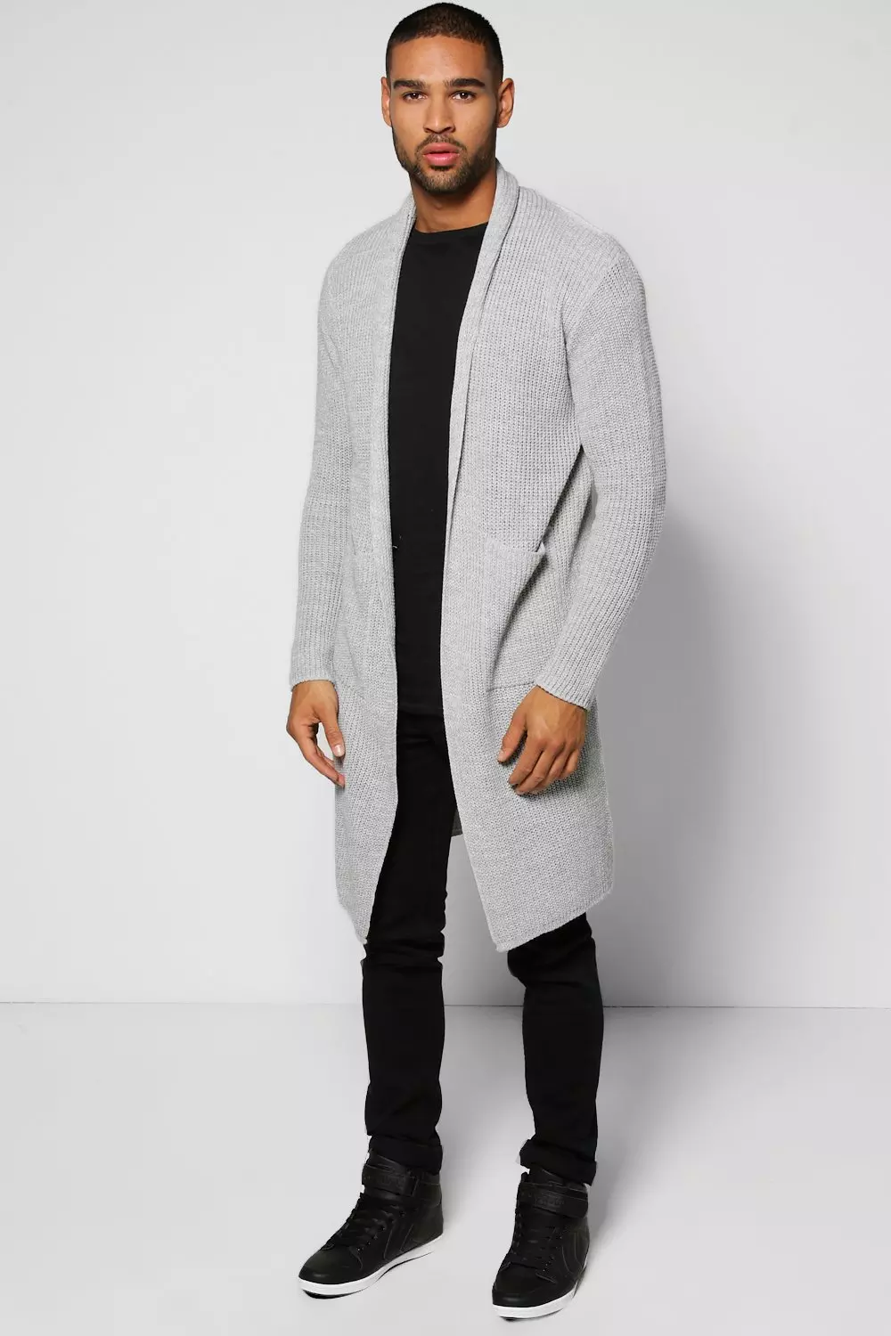 Grey Longline Cardigan in Fisherman Knit alternative image