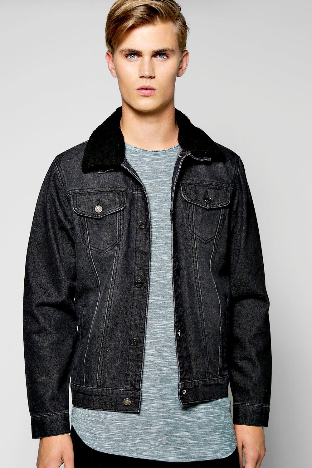 Mens black denim on sale jacket with borg collar