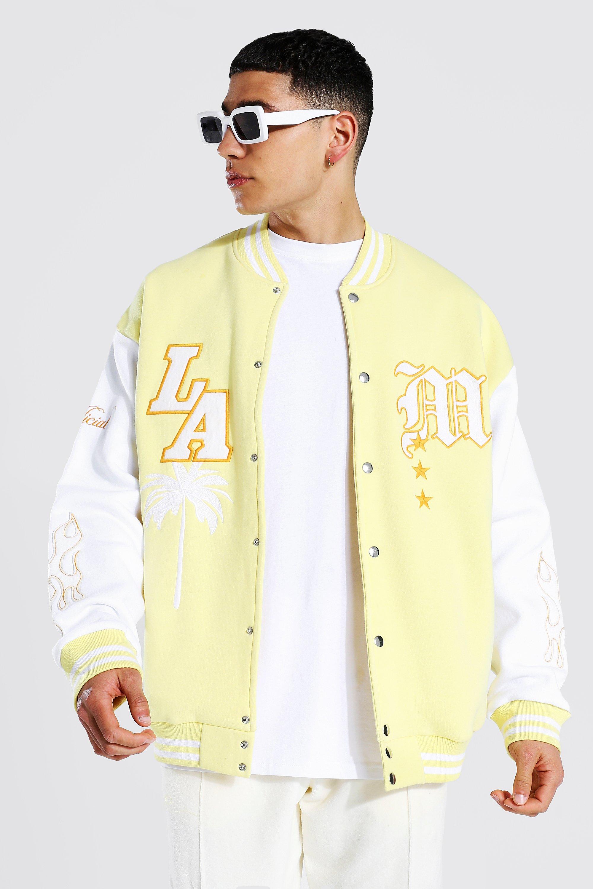 BoohooMAN La Badge Jersey Varsity Bomber Jacket in Black for Men