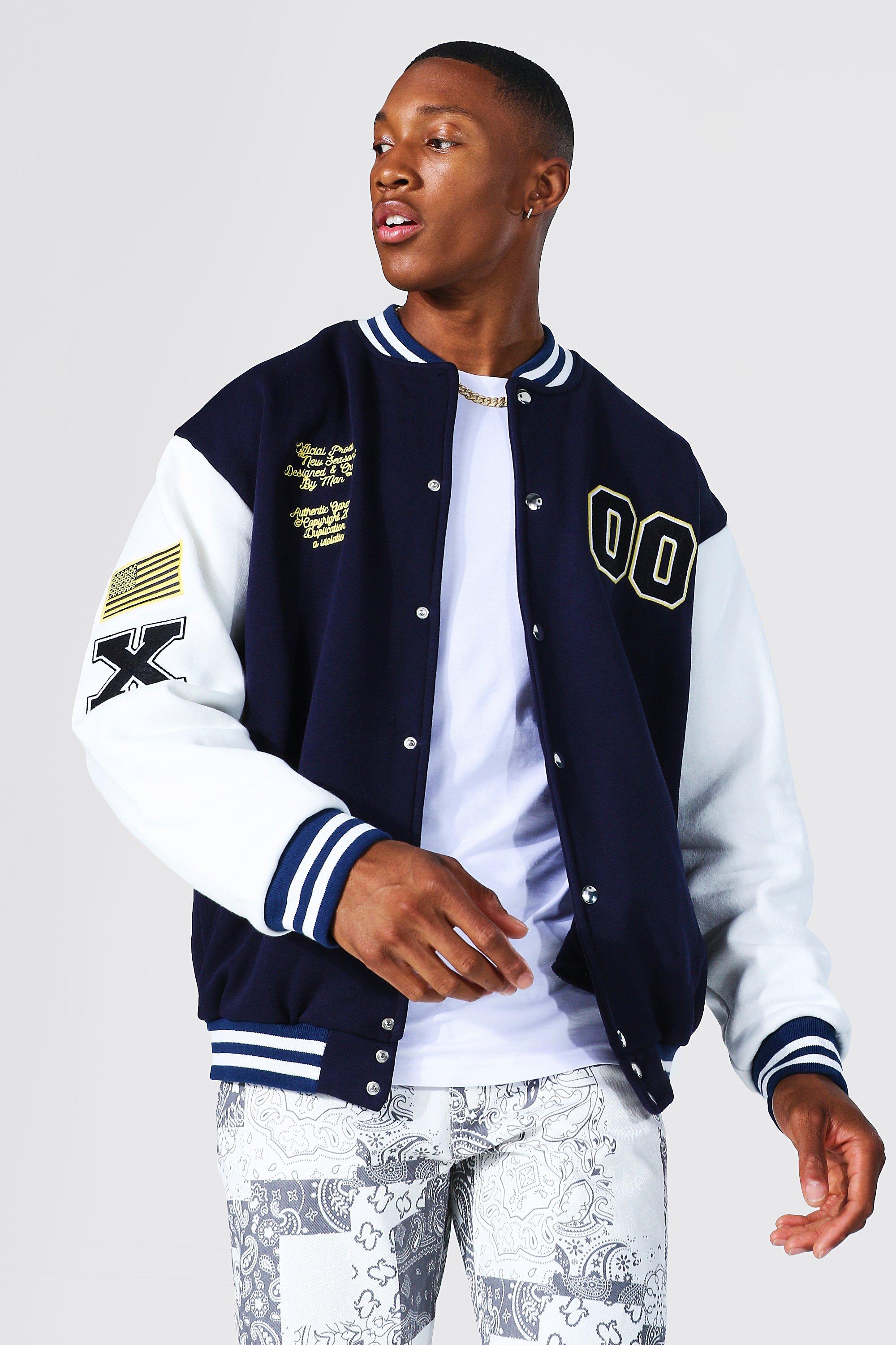 Jersey Varsity Bomber Jacket With Badges | boohooMAN USA