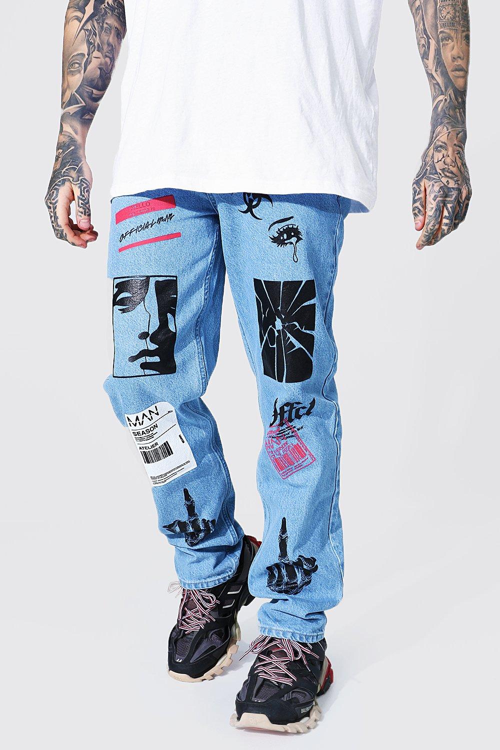 New Men's Stylish Jeans Bear Graphic Stretch Graffiti Print Jeans - Temu  Sweden