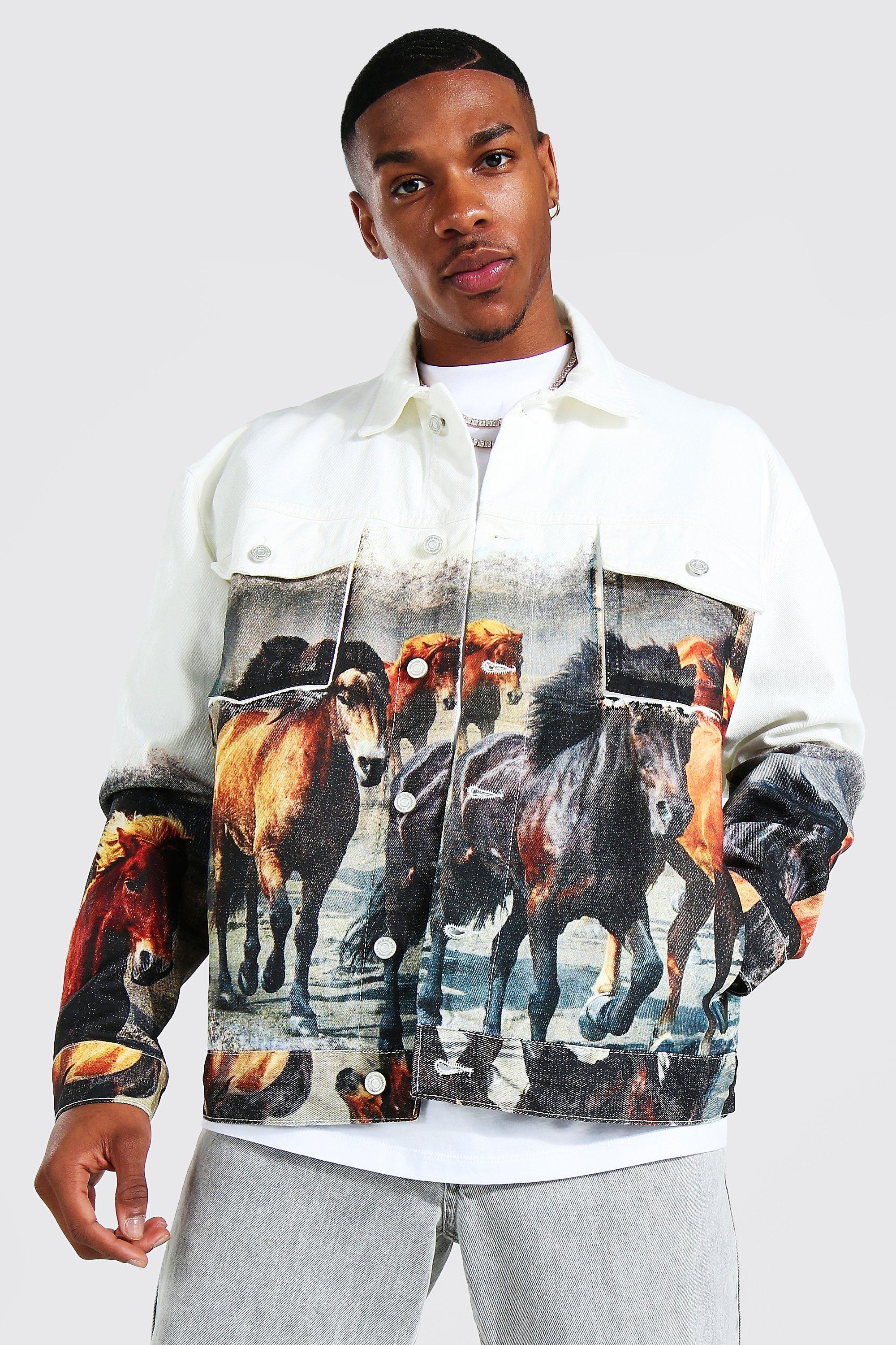 Oversized Horse Print Denim Jacket | boohooMAN USA