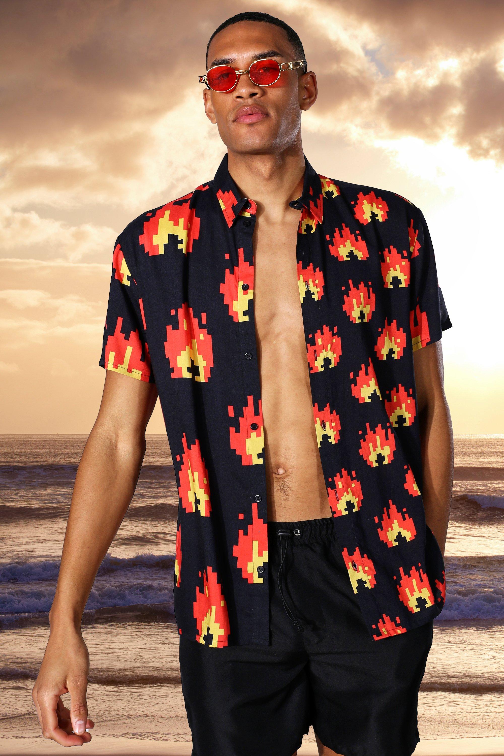 Tall Oversized Short Sleeve Flame Shirt boohooMAN UK