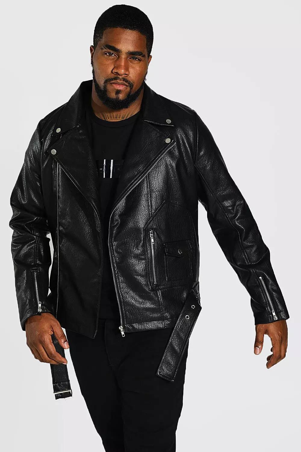 Plus Size Faux Leather Biker Jacket boohooMAN UK