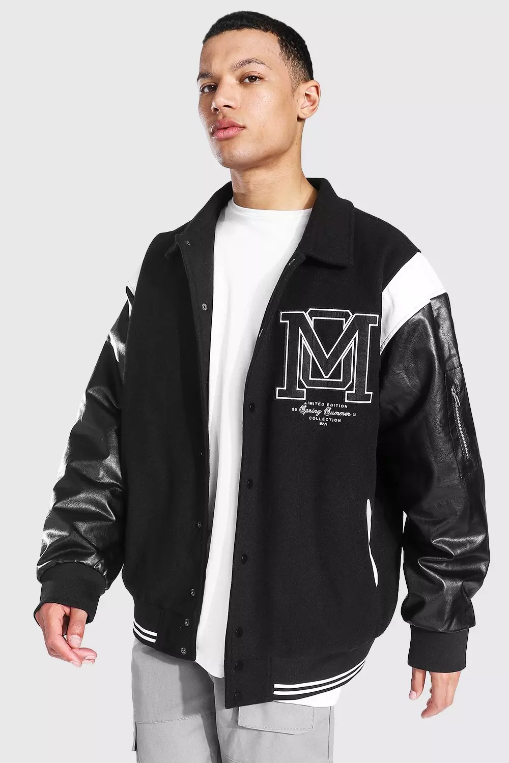 Tall Om Harrington Varsity Jacket boohooMAN IE