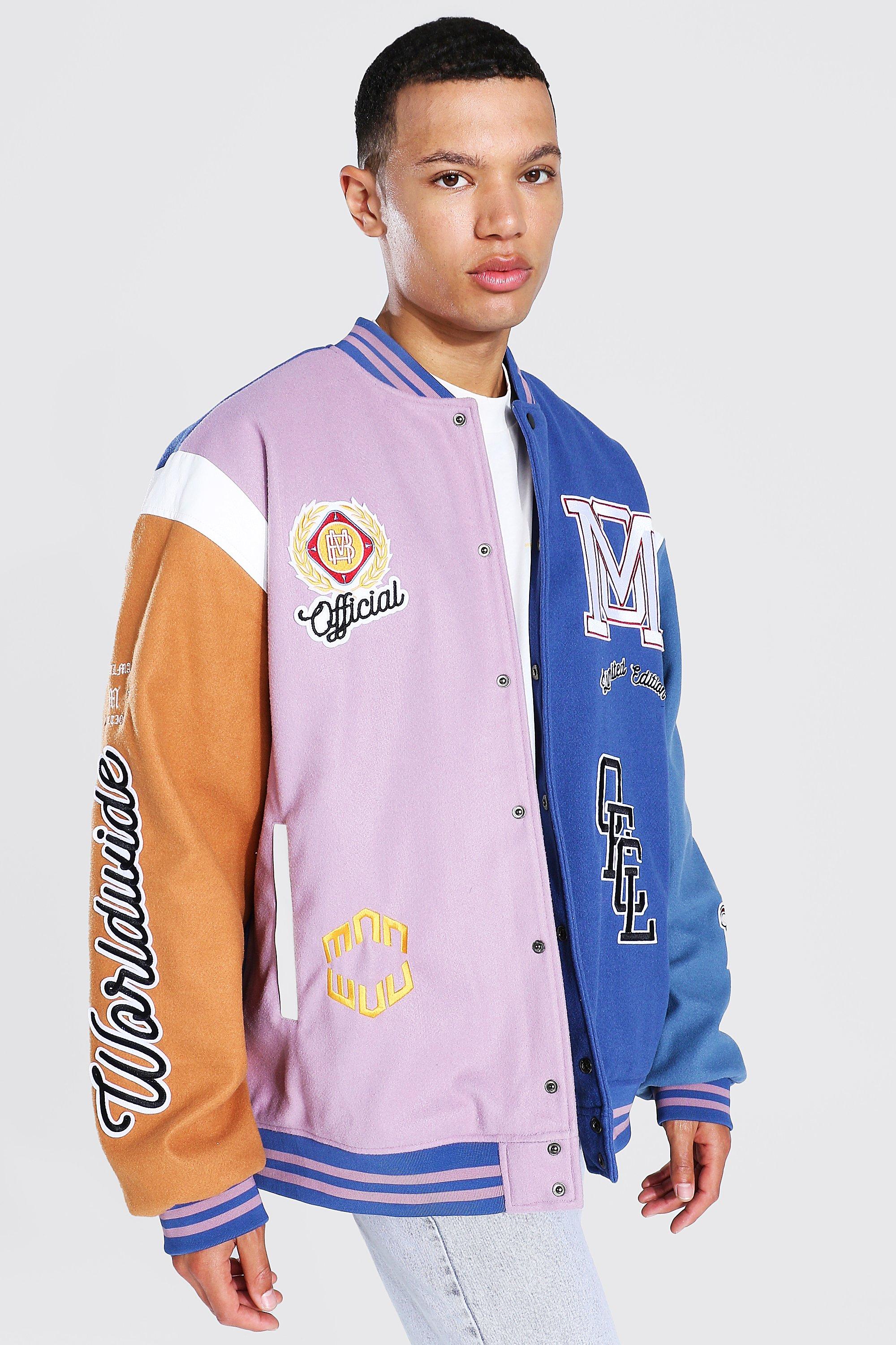 Men Cotton Color Block Varsity Jacket