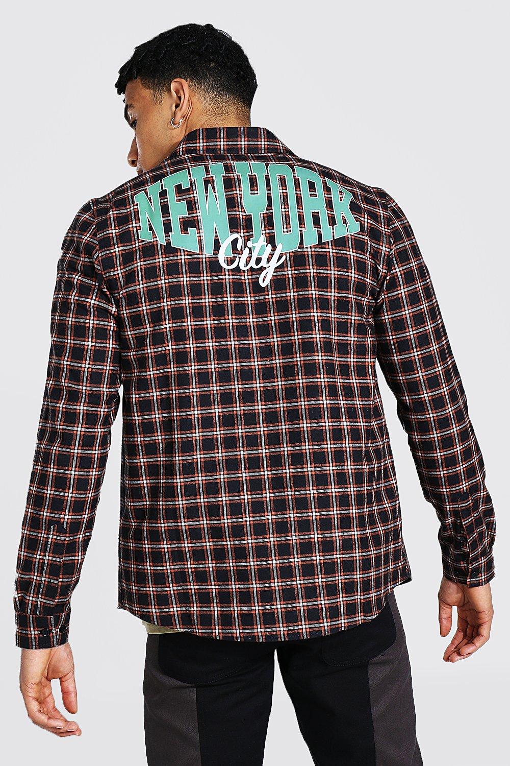 New York Back Print Check Shirt | boohooMAN