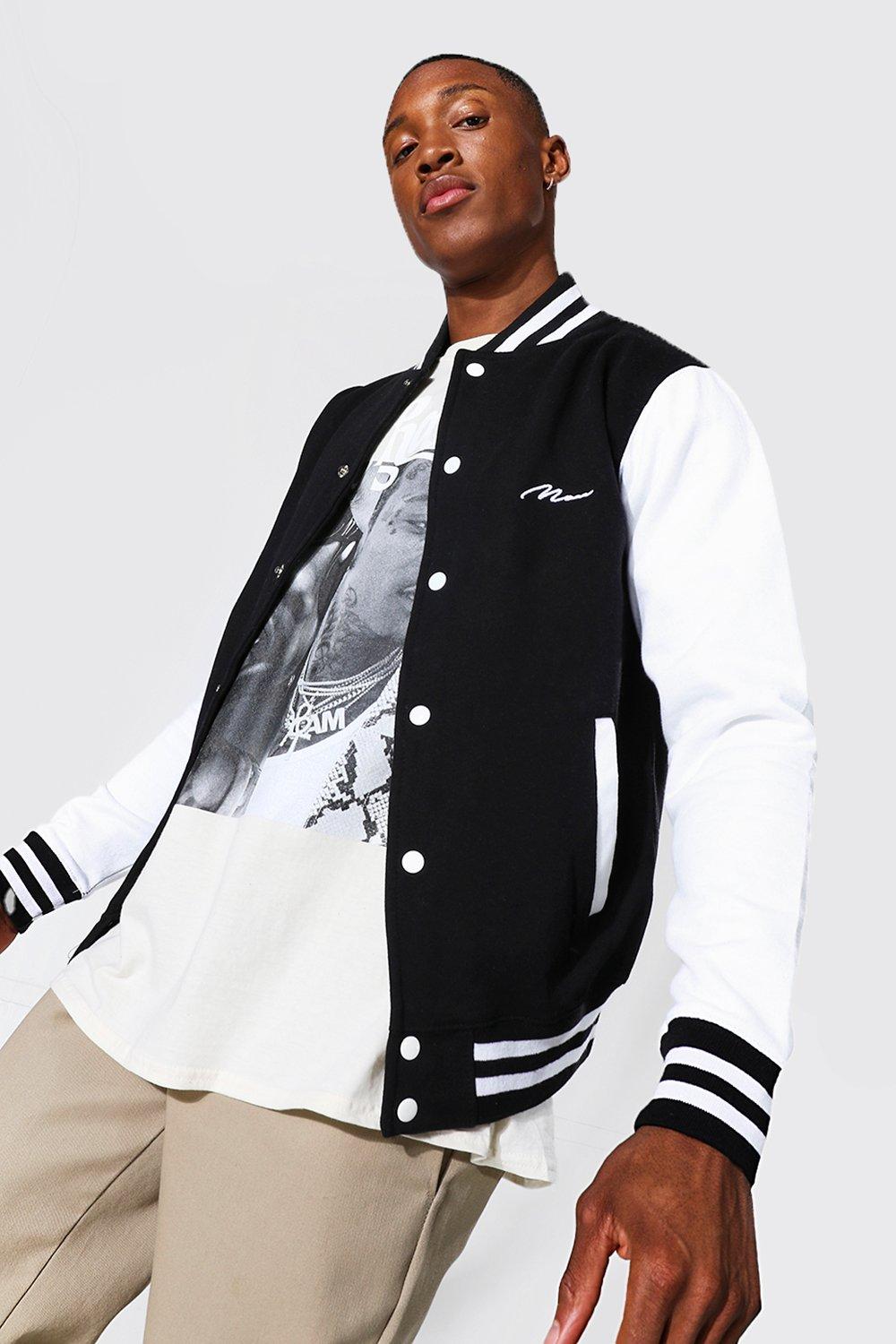 Official Man Jersey Varsity Bomber Jacket | boohooMAN USA