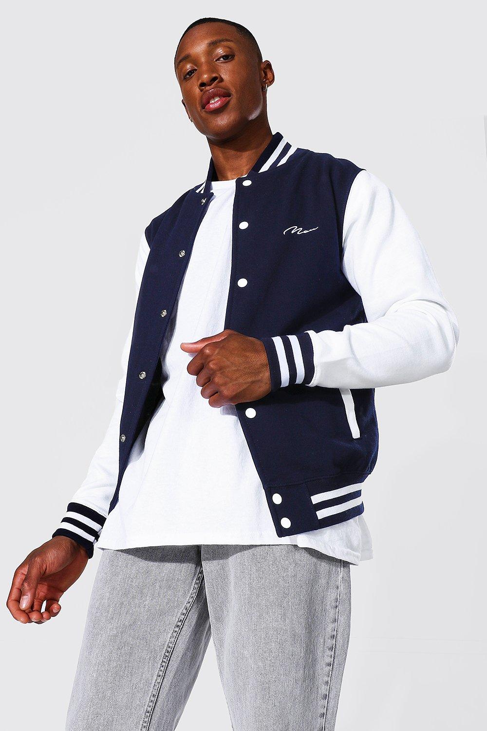 Official Man Jersey Varsity Bomber Jacket | boohooMAN USA