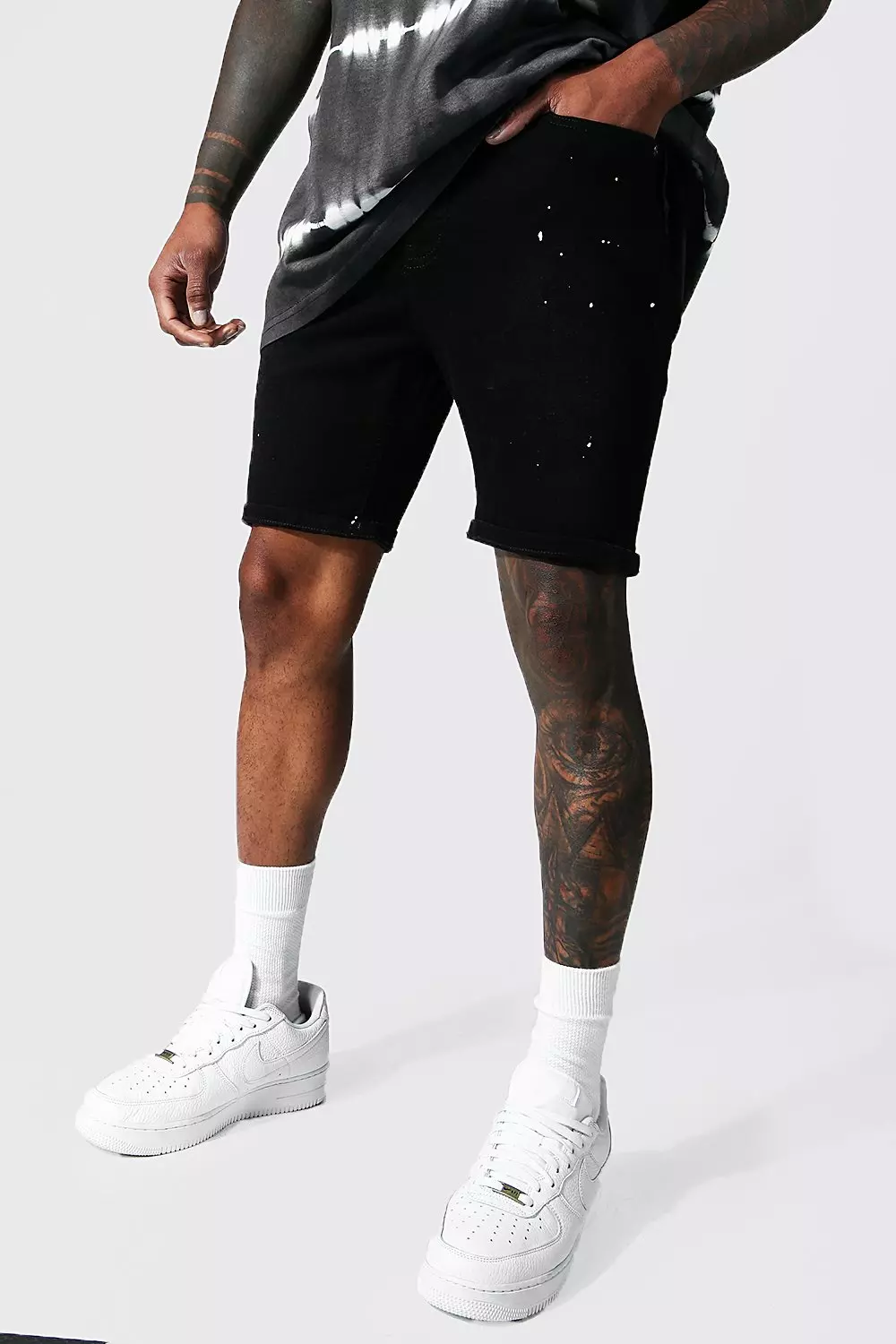 Black Skinny Stretch Paint Splatter Denim Short