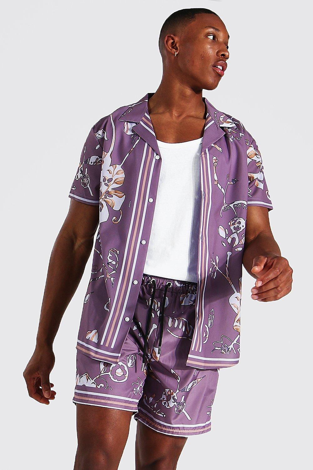 Taupe Short Sleeve Floral Border Shirt