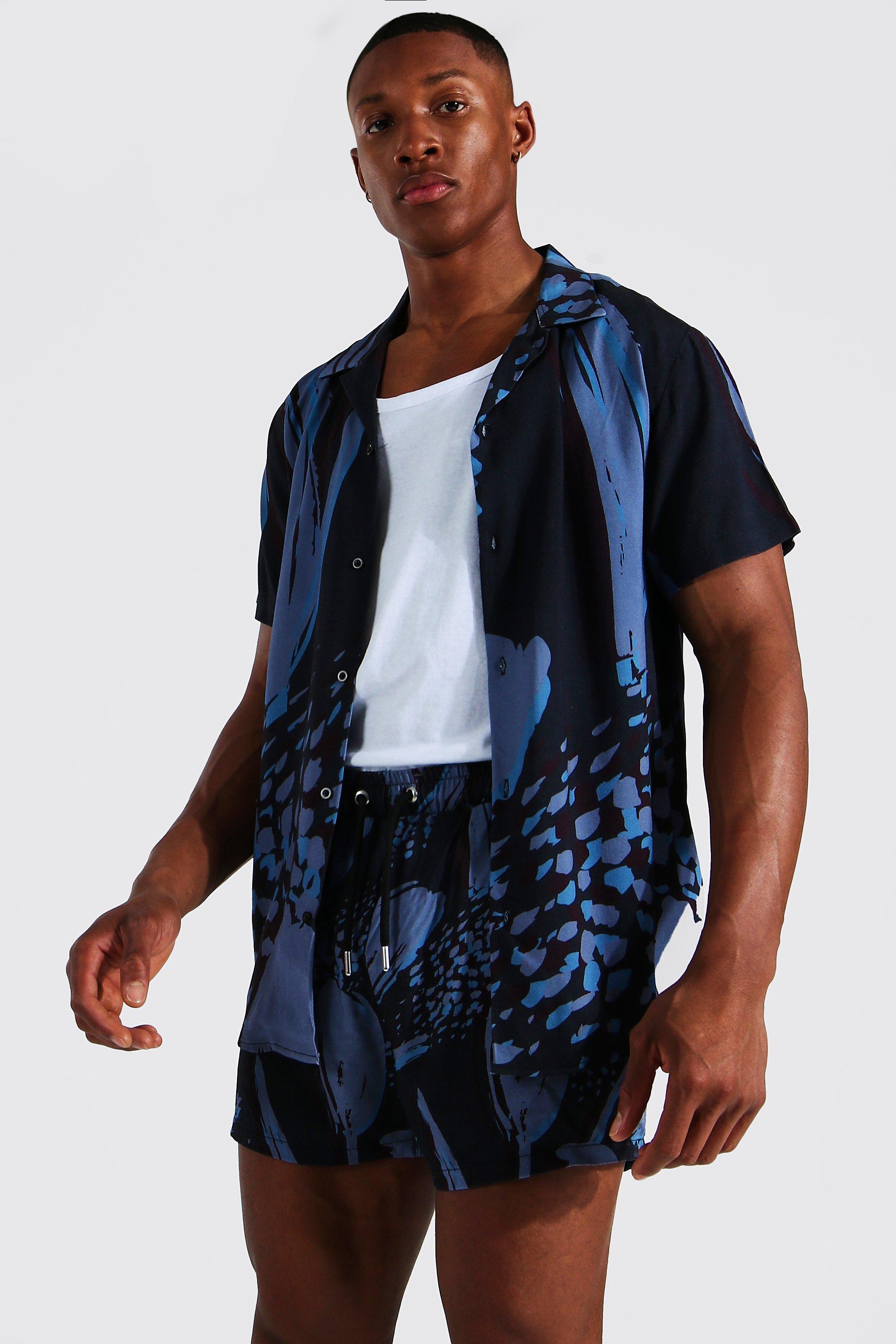 Camicia A Maniche Corte In Viscosa A Fiori, Navy