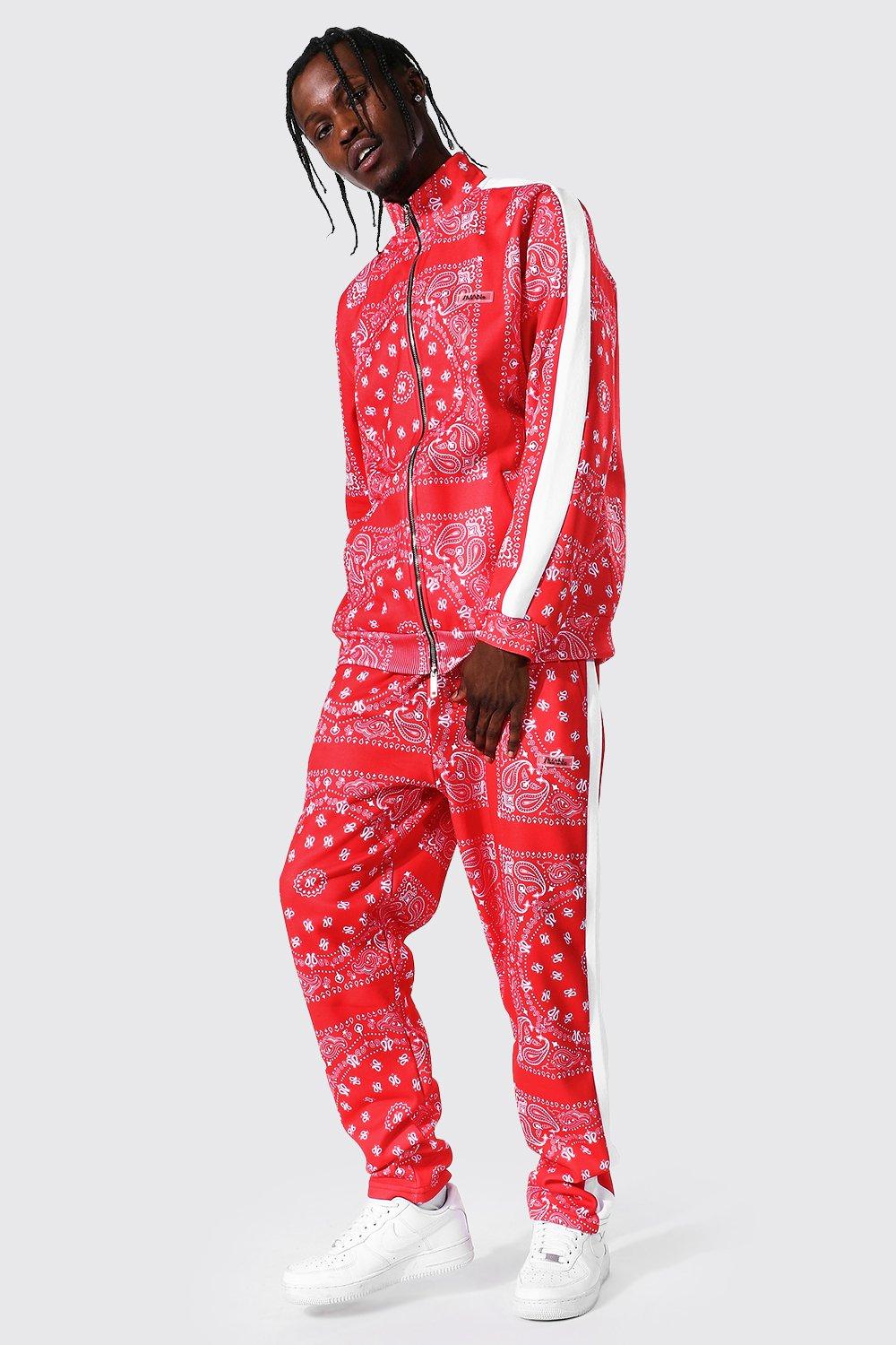 All Over Bandana Print Funnel Neck Tracksuit boohooMAN UK