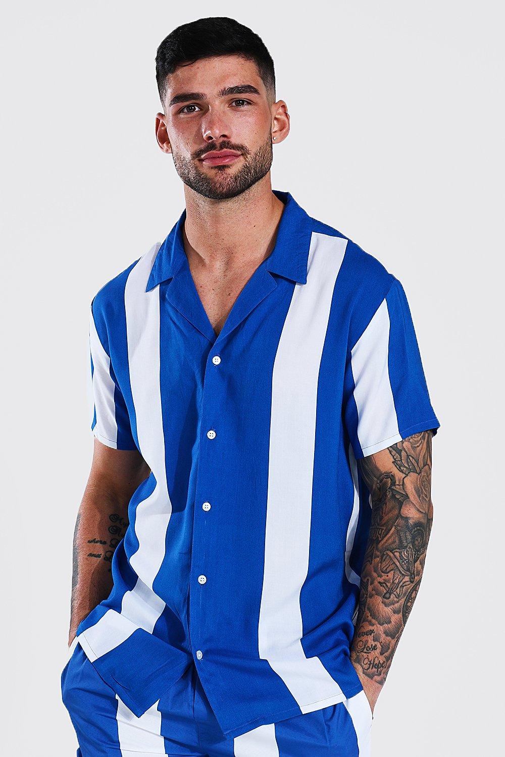 Kurzärmliges Viskose-Hemd mit Streifen, Cobalt