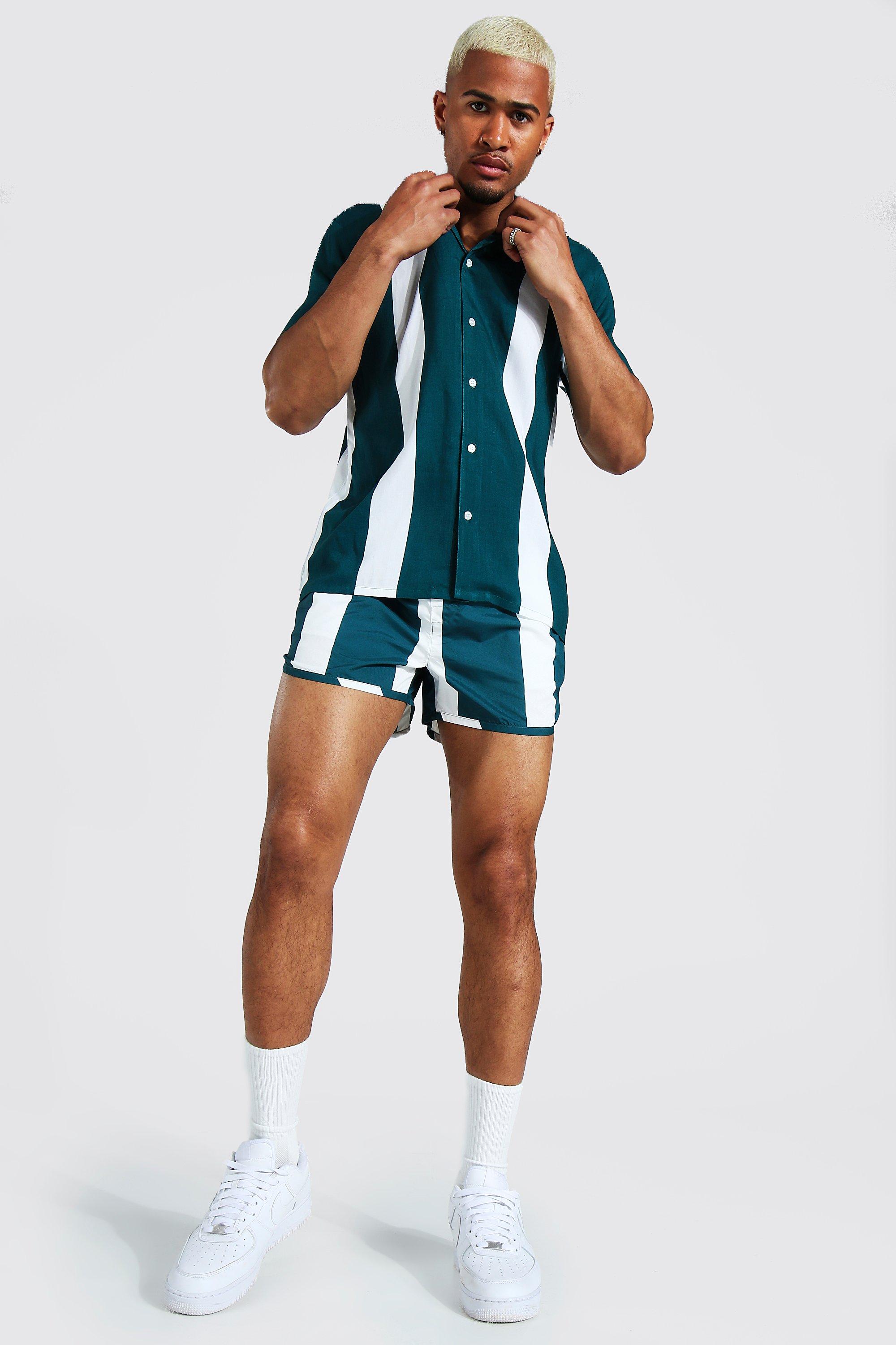 Short Sleeve Viscose Stripe Shirt, Dark green